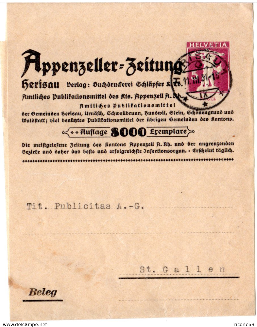 Schweiz 1931, Gebr. 5 C. Privatganzsache Streifband Appenzeller Zeitung  - Storia Postale