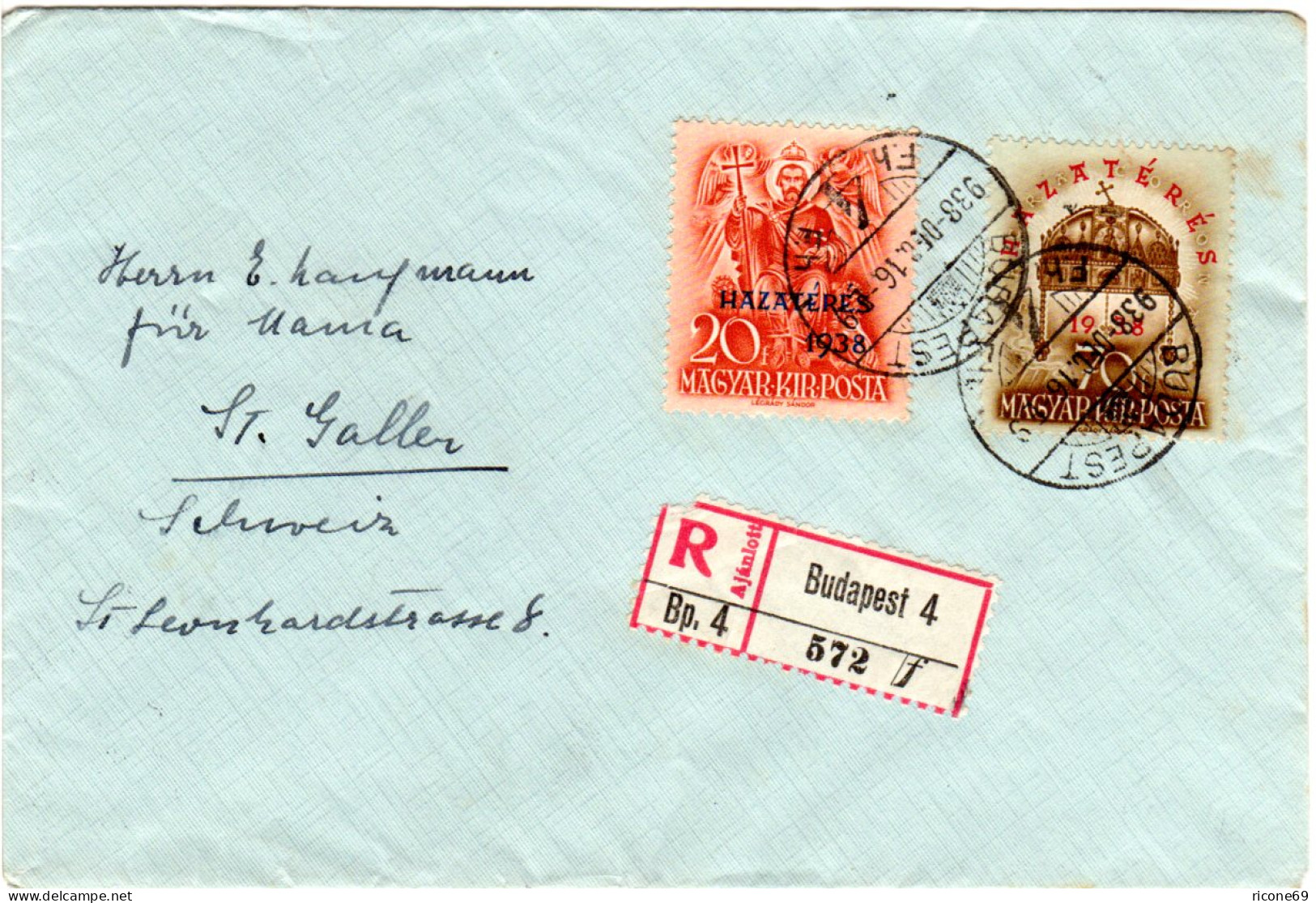 Ungarn 1938, 70+overprinted 20 F. On Regd. Cover From Budapest To Switzerland - Brieven En Documenten