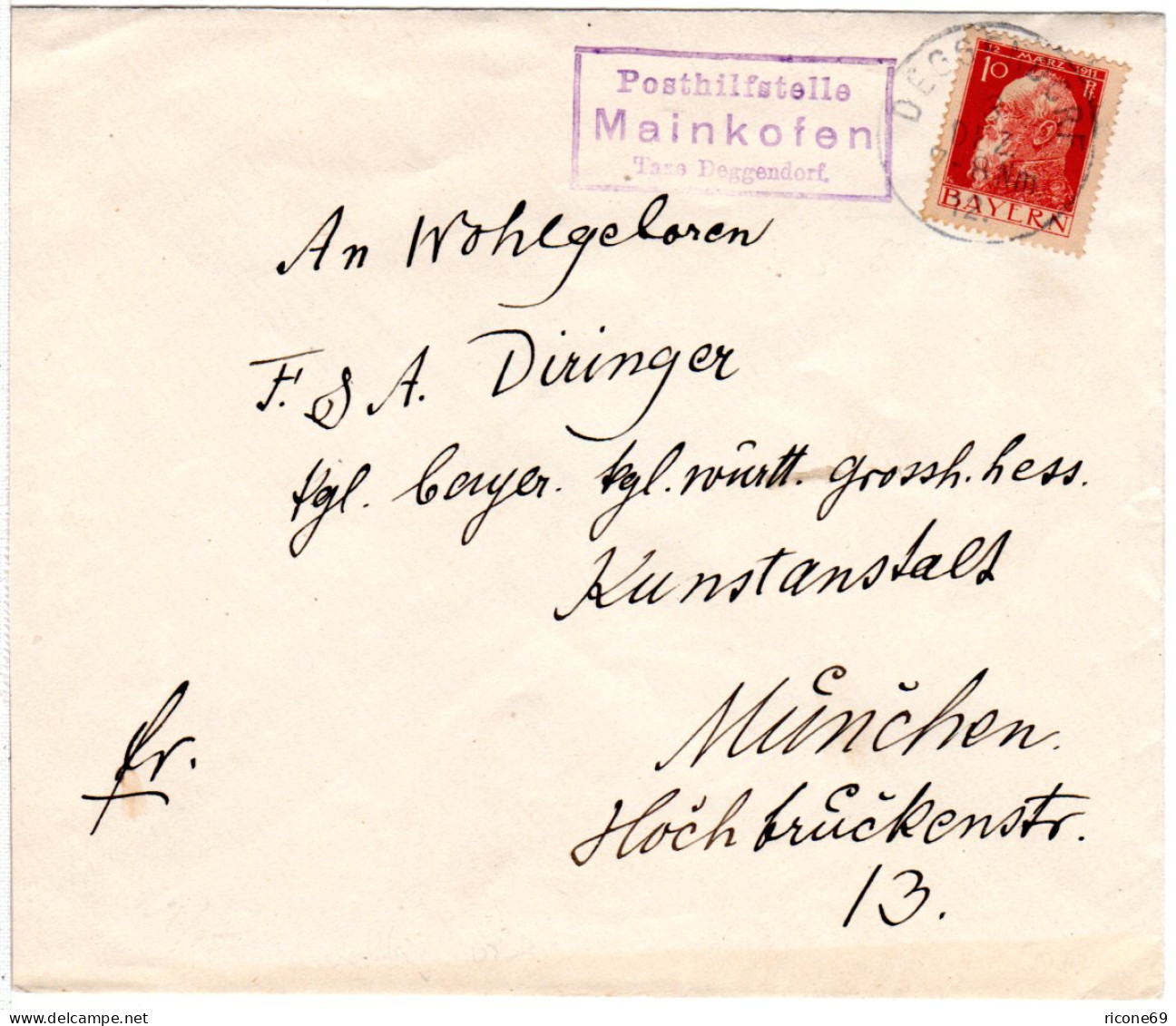 Bayern 1912, Posthilfstelle MAINKOFEN Taxe Deggendorf Auf Brief M. 10 Pf. - Cartas & Documentos