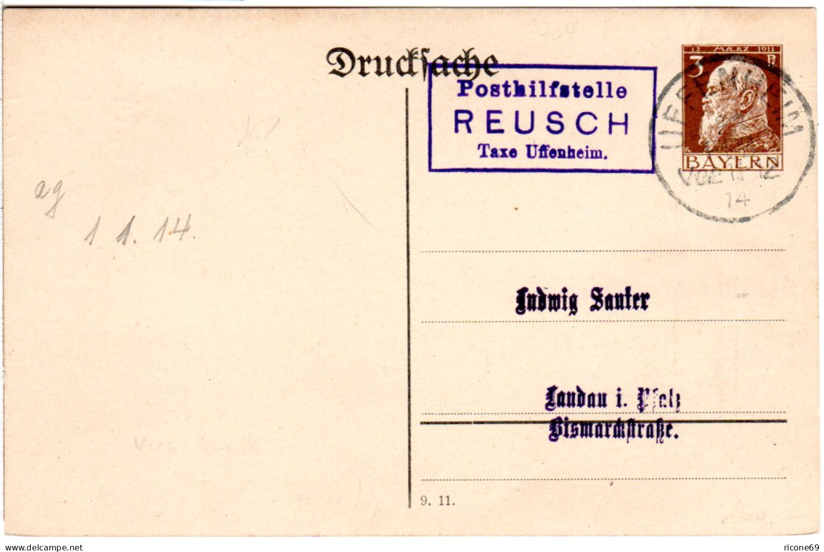 Bayern 1914, Posthilfstelle REUSCH Taxe Uffenheim Auf Sauter Privat Ganzsache  - Covers & Documents