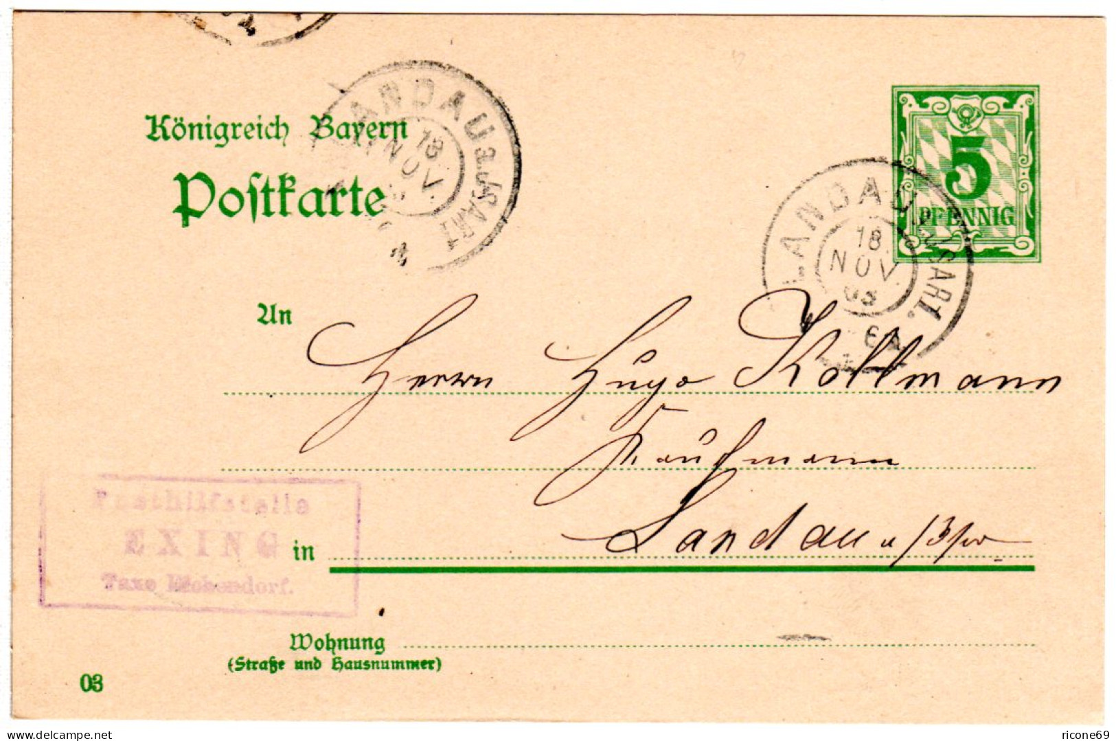 Bayern 1903, Posthilfstelle EXING Taxe Eichendorf Auf Ganzsache M. K2 Landau - Covers & Documents