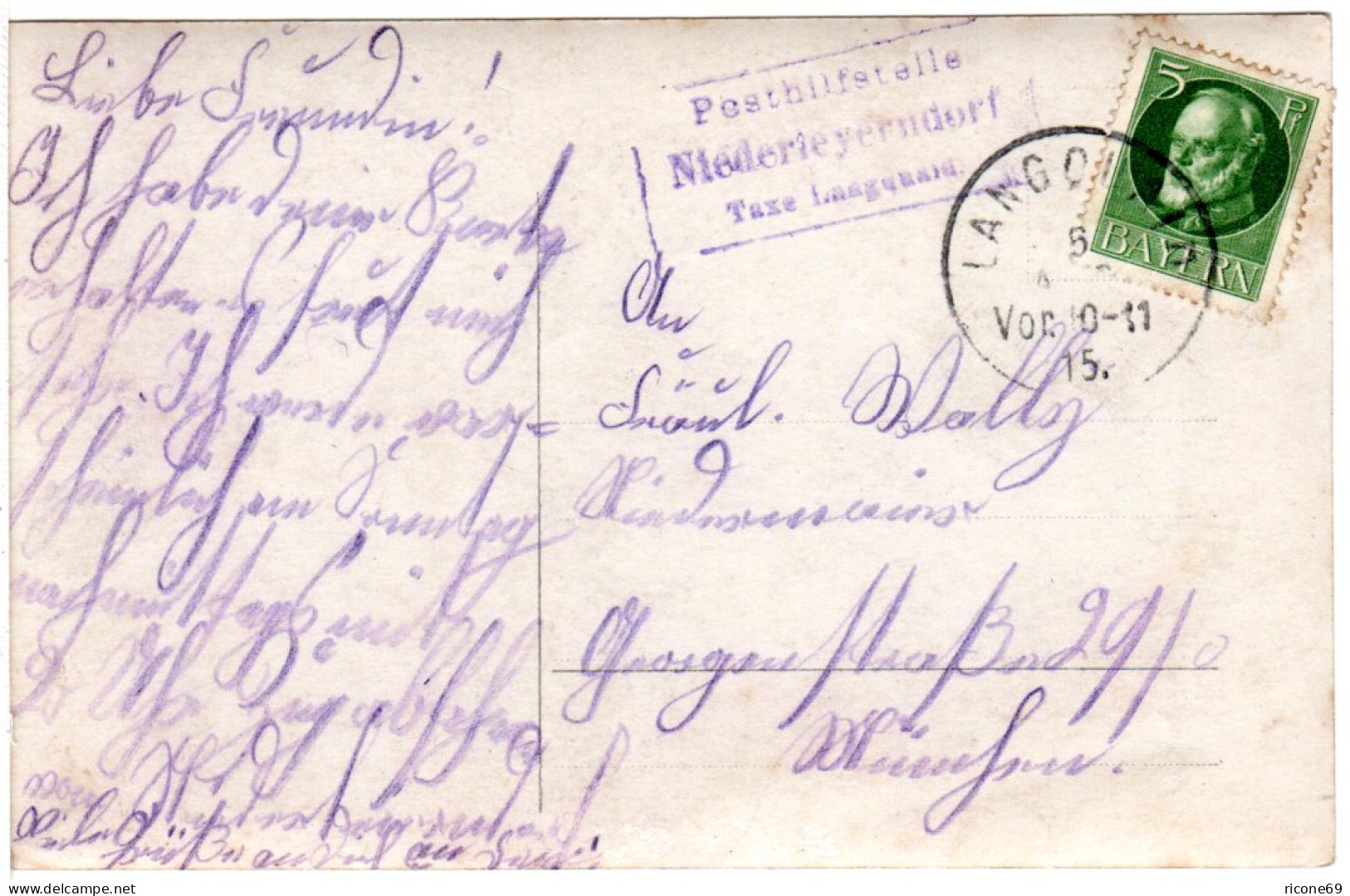 Bayern 1915, Posthilfstelle NIEDERLEYERNDORF Taxe Langquaid Auf Karte M. 5 Pf. - Storia Postale