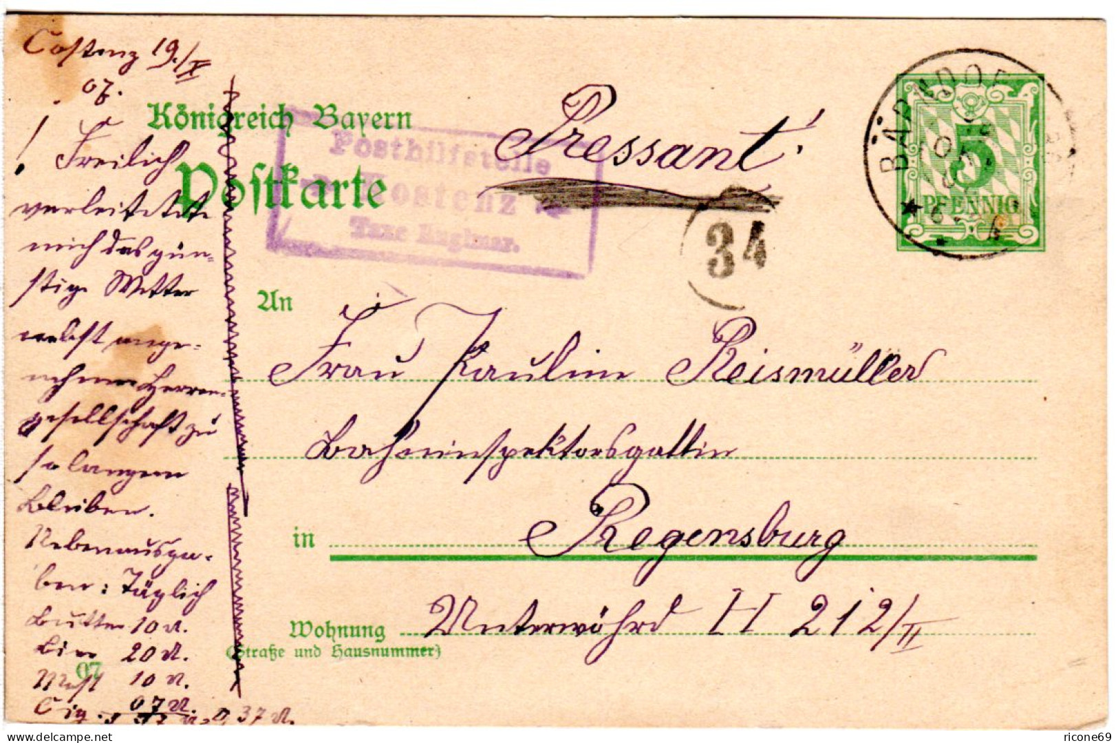 Bayern 1907, Posthilfstelle KOSTENZ Taxe Englmar Auf Ganzsache M. K1 Bärndorf - Cartas & Documentos