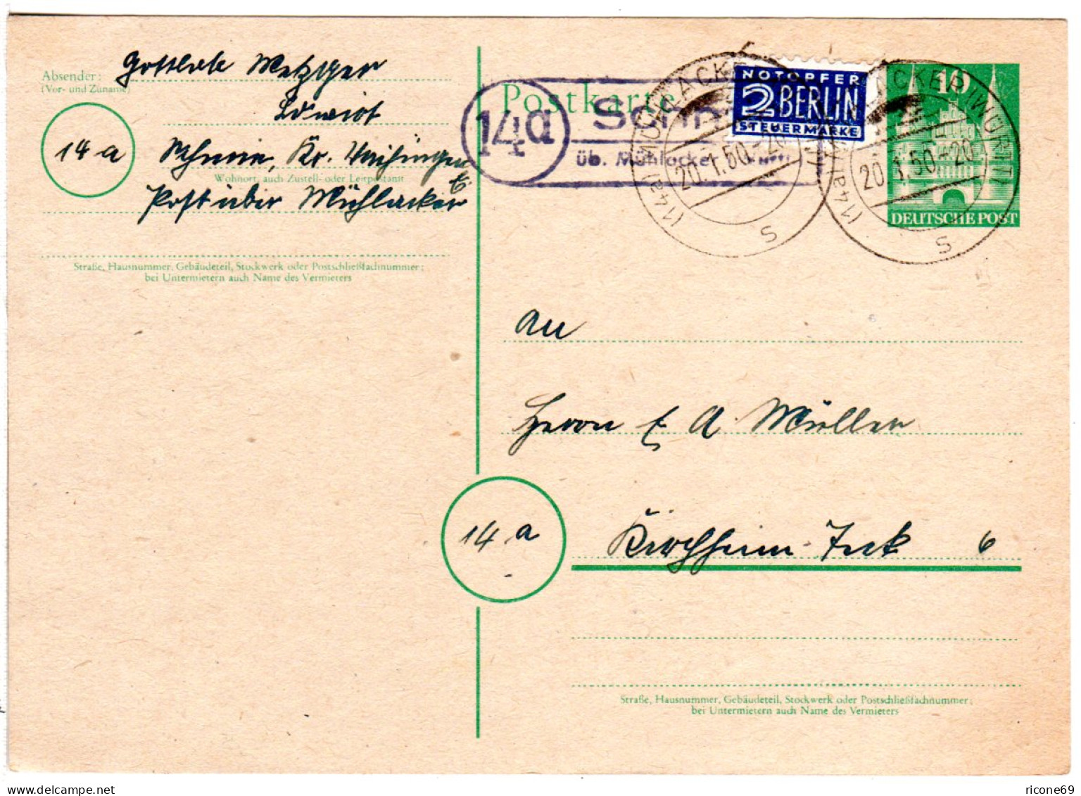 1950, Landpoststempel SCHMIE über Mühlacker Auf 10 Pf. Ganzsache. - Colecciones