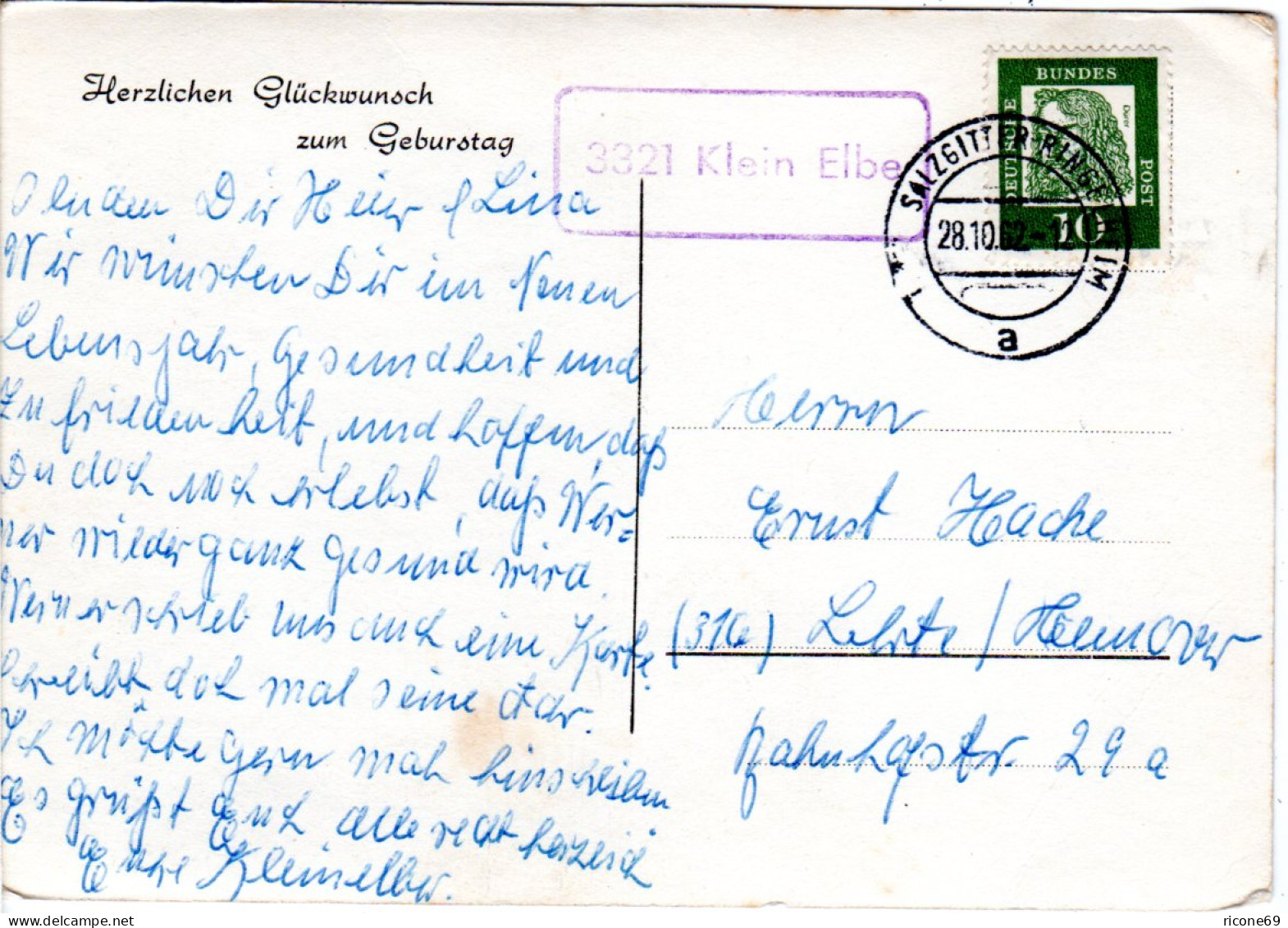BRD 1962, Landpost Stpl. 3321 KLEIN ELBE Auf AK M. 10 Pf. V. Salzgitter - Briefe U. Dokumente