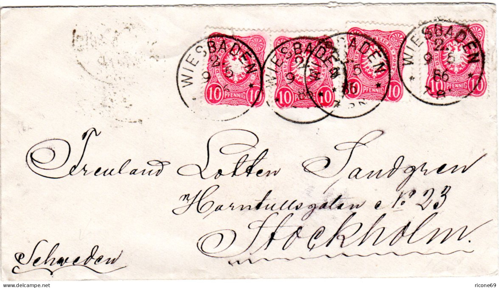 DR 1886, 4x10 Pf. Auf Schönem Brief V. WIESBADEN N. Schweden. - Storia Postale