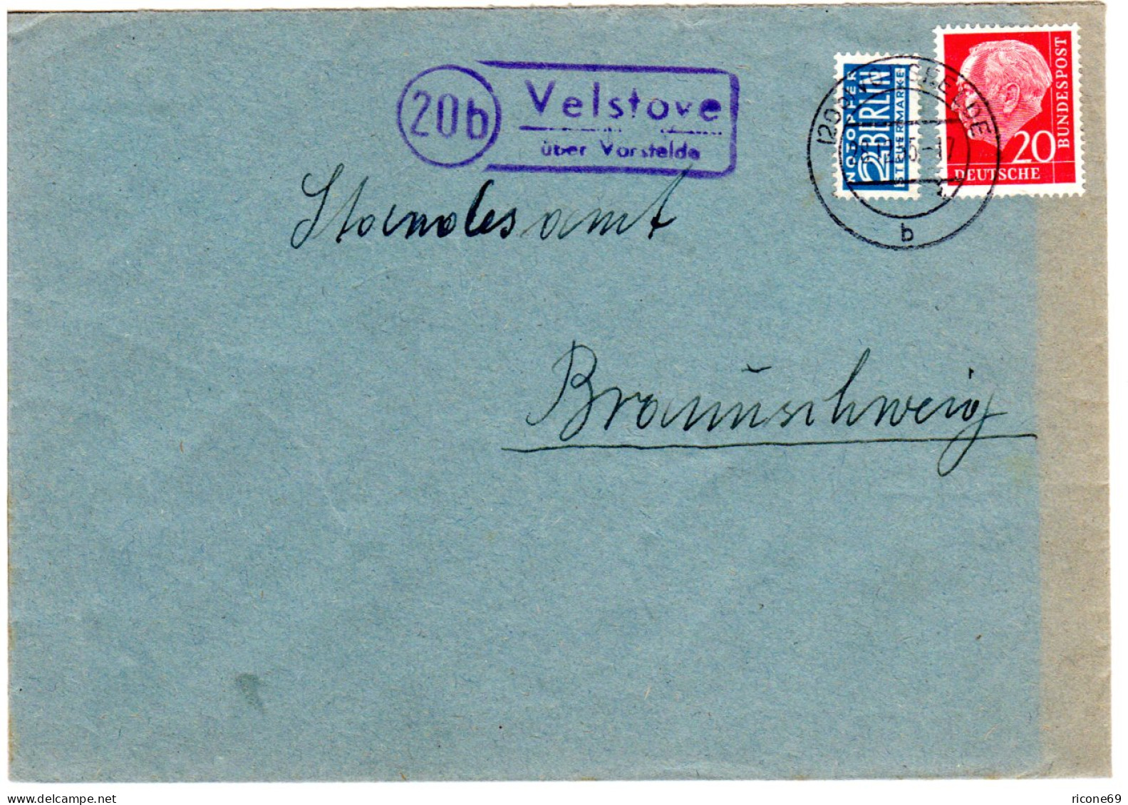 BRD 1955, Landpoststpl. 20b VELSTOVE über Vorsfelde Auf Brief M. 20 Pf. - Otros & Sin Clasificación