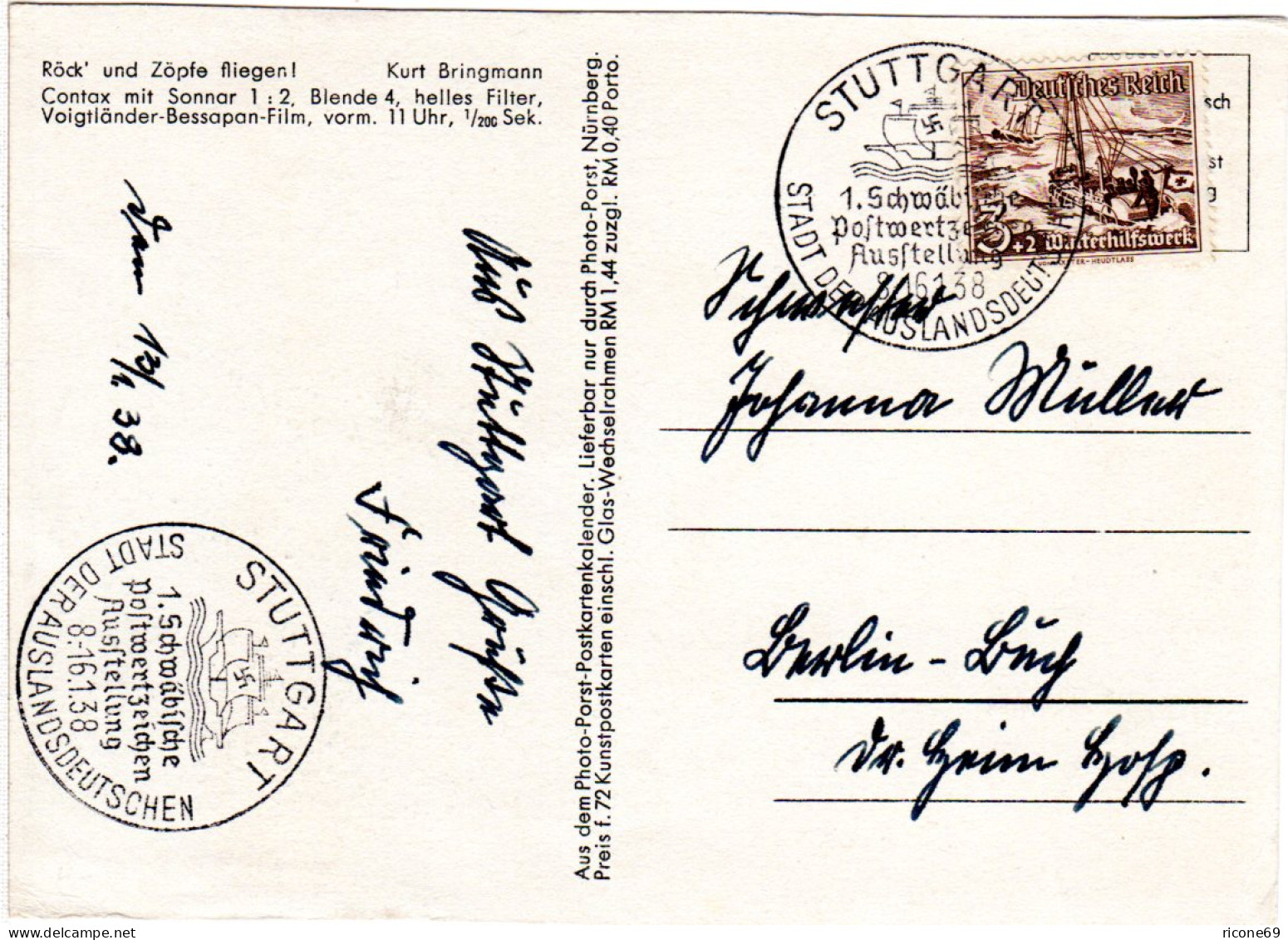 DR 1938, Sonder Stpl. Briefmarkenausstellung Stuttgart Auf Karte M. 3 Pf. WHW - Exposiciones Filatélicas