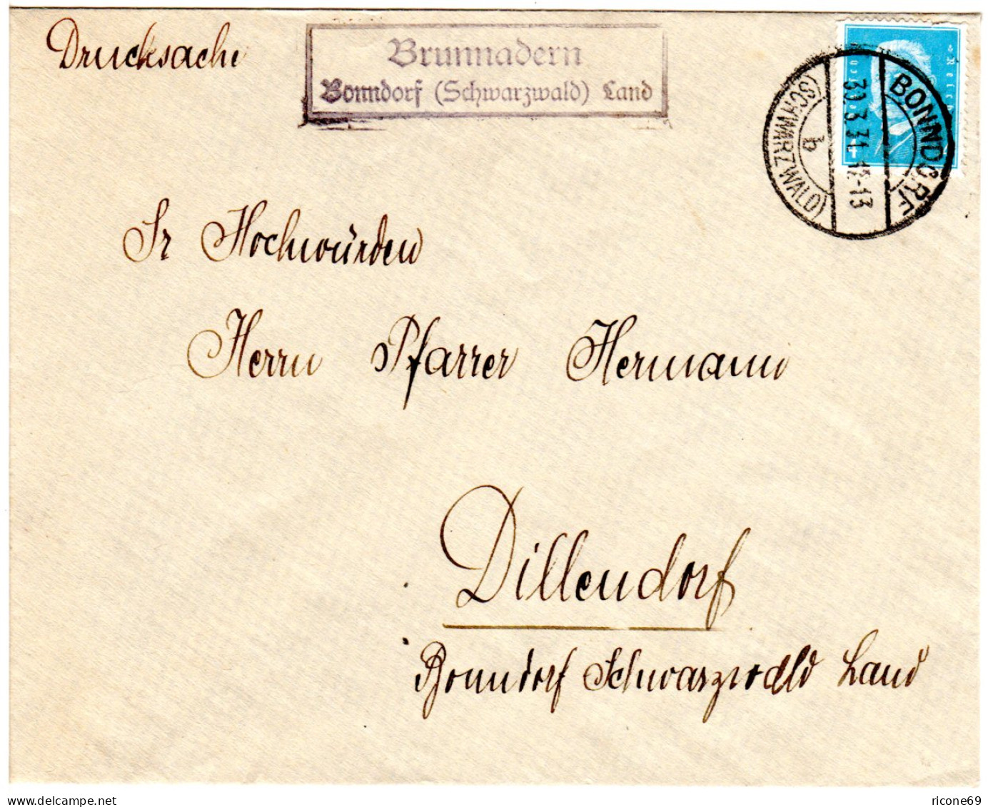 DR 1931, Landpoststpl. BRUNNADERN über Bonndorf Auf Drucksache Brief M. 4 Pf. - Lettres & Documents
