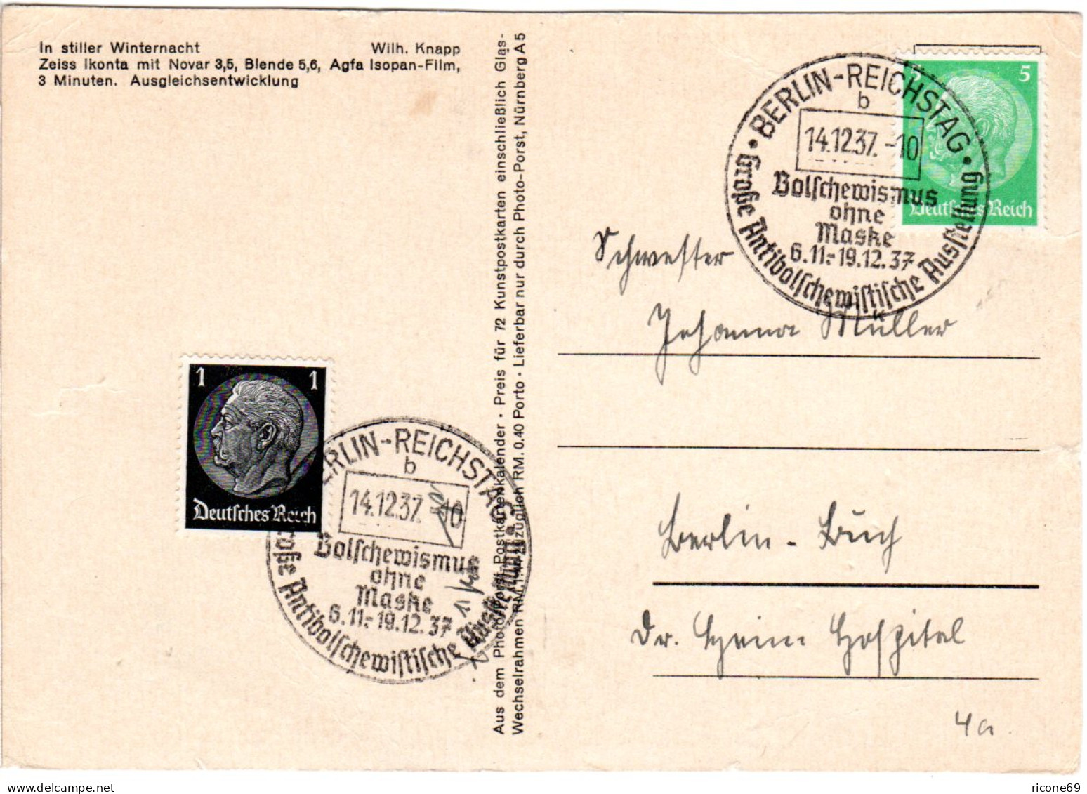 DR 1937, Sonder Stpl. Bolschewismus Ausstellung Berlin B Auf Karte M. 1+5 Pf. - Autres & Non Classés