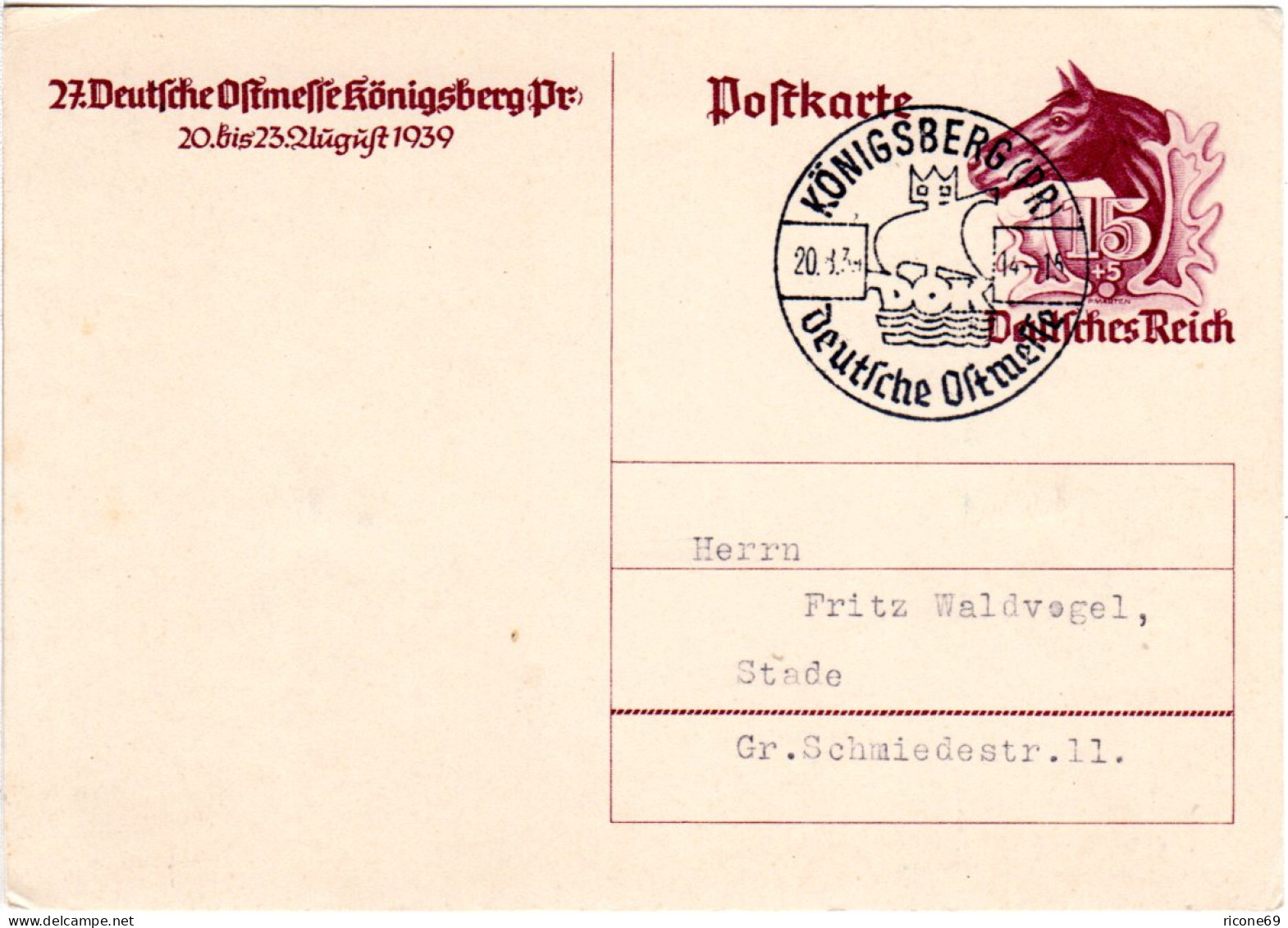 DR 1939, KÖNIGSBERG Dt. OSTMESSE, Sonder Stpl. Auf 15+5 Pf. Sonder Ganzsache - Covers & Documents