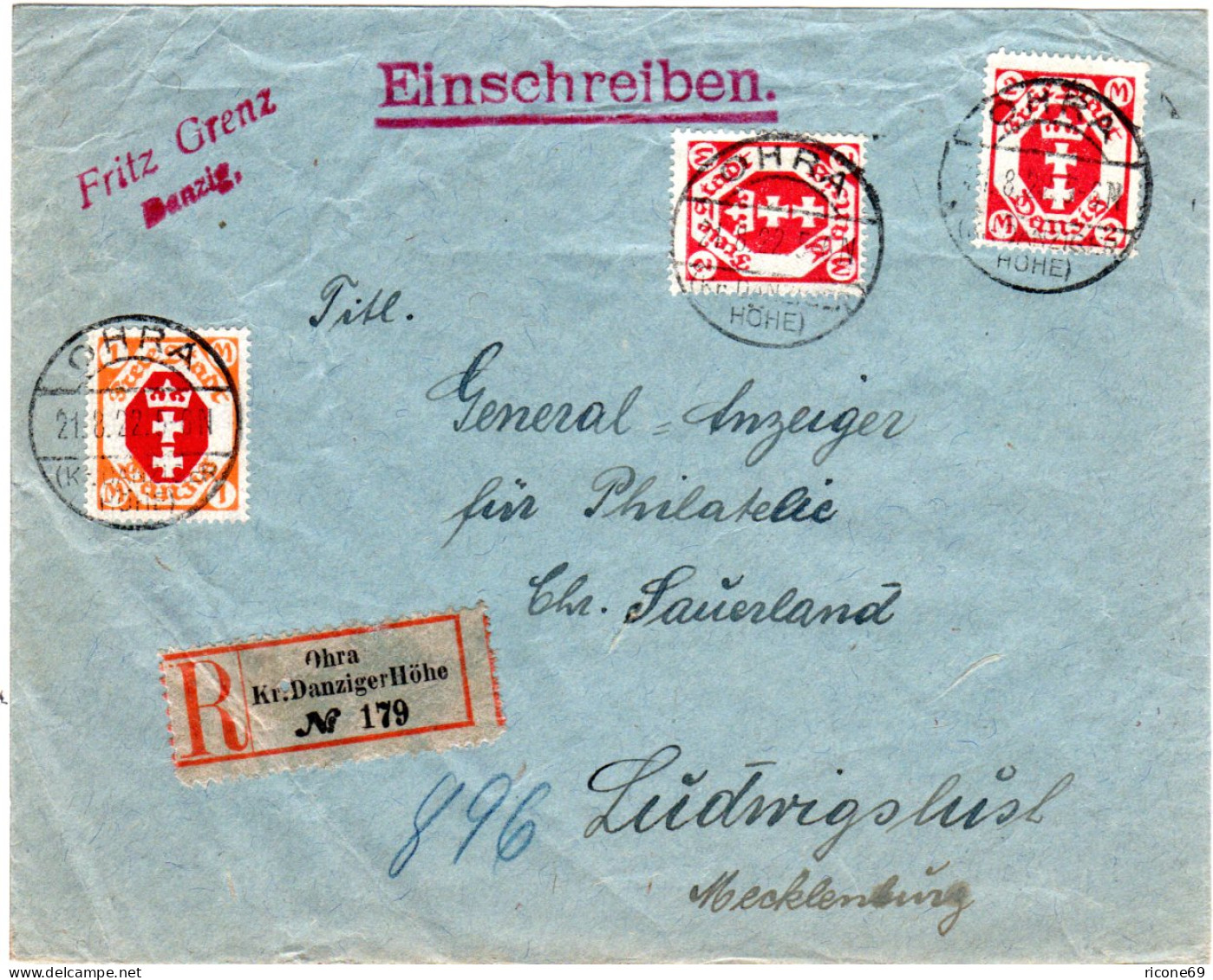 Danzig 1922, 1+2x2 Mk. Auf Einschreiben Brief V. OHRA Kr. Danziger Höhe - Lettres & Documents