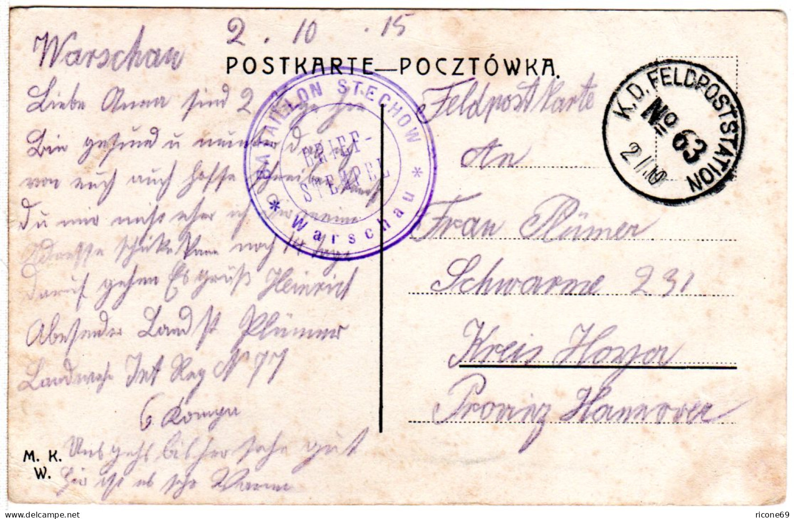 Polen, Gruss Aus Warschau M. Reichsbank, 1915 M. FP Gebr. Farb-AK - Otros & Sin Clasificación