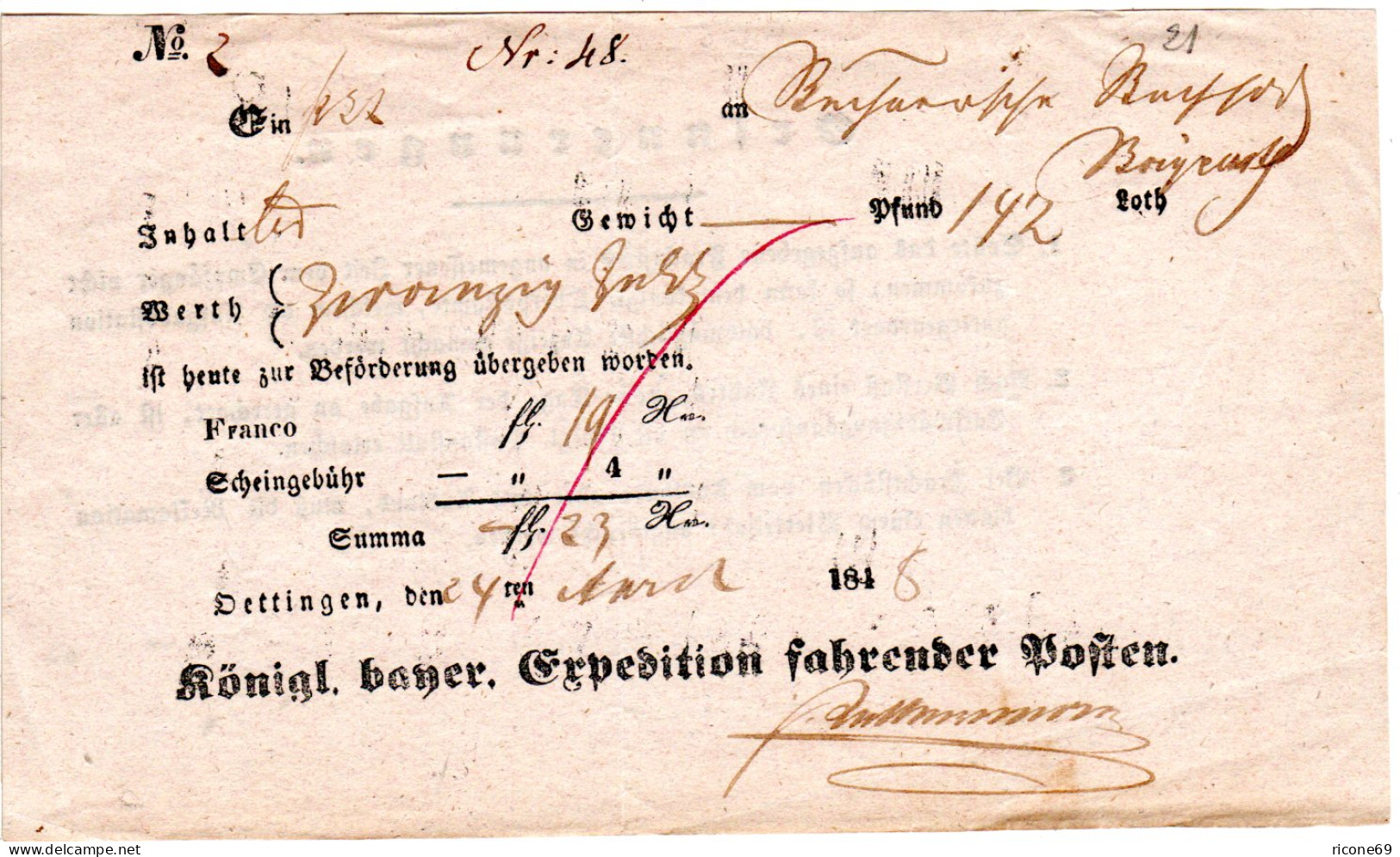 Bayern 1848, Postschein V. Öttingen F. Eine Wertsendung - Precursores