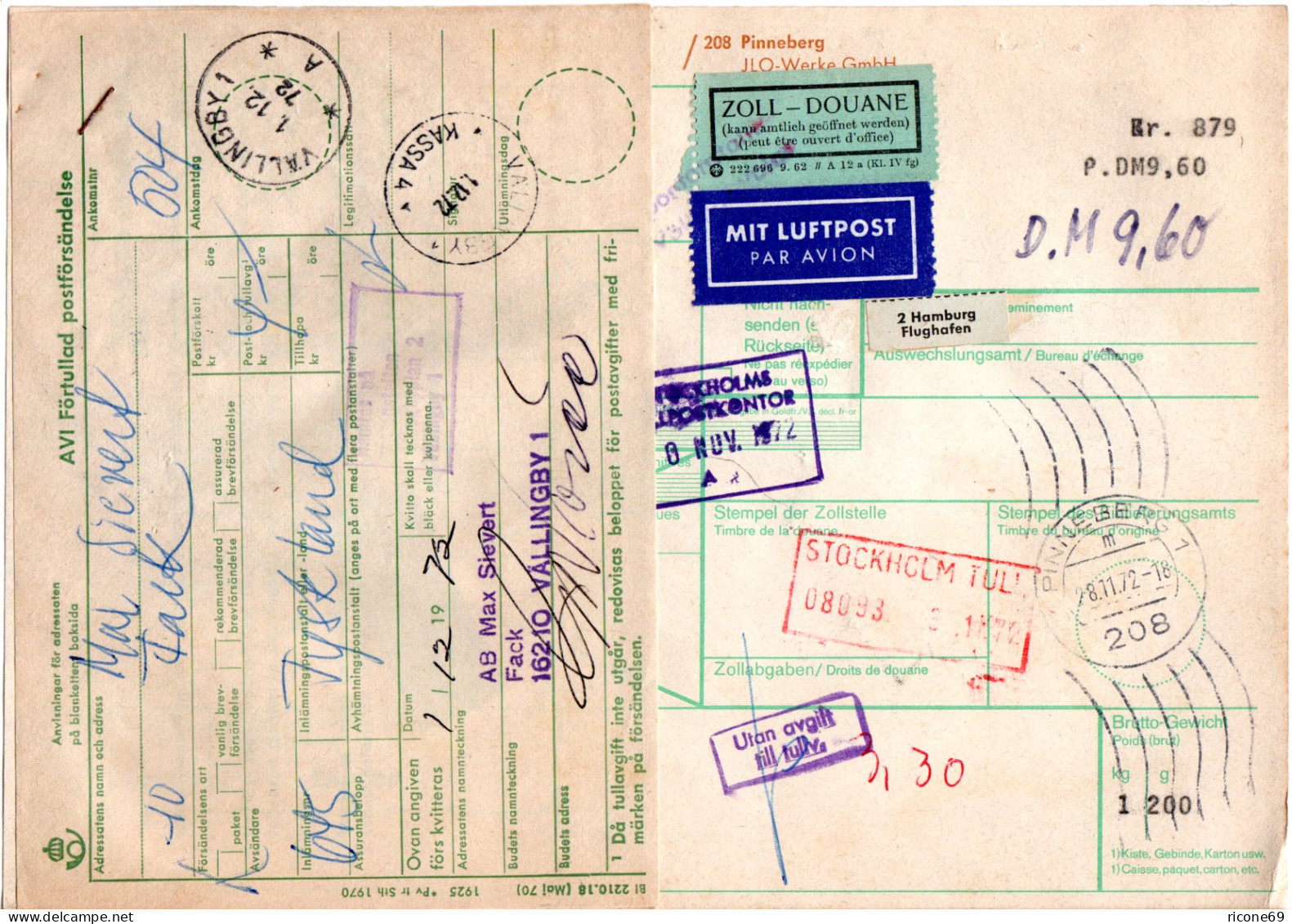 BRD 1972, Luftpost Paketkarte V. PINEBERG M. Schweden Porto-Etikett  - Storia Postale