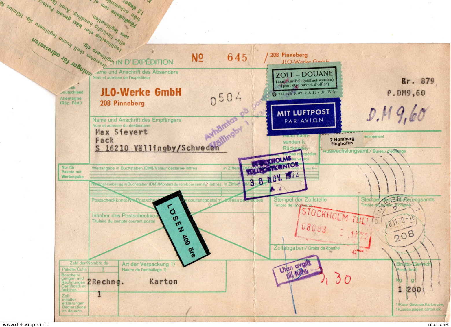 BRD 1972, Luftpost Paketkarte V. PINEBERG M. Schweden Porto-Etikett  - Brieven En Documenten