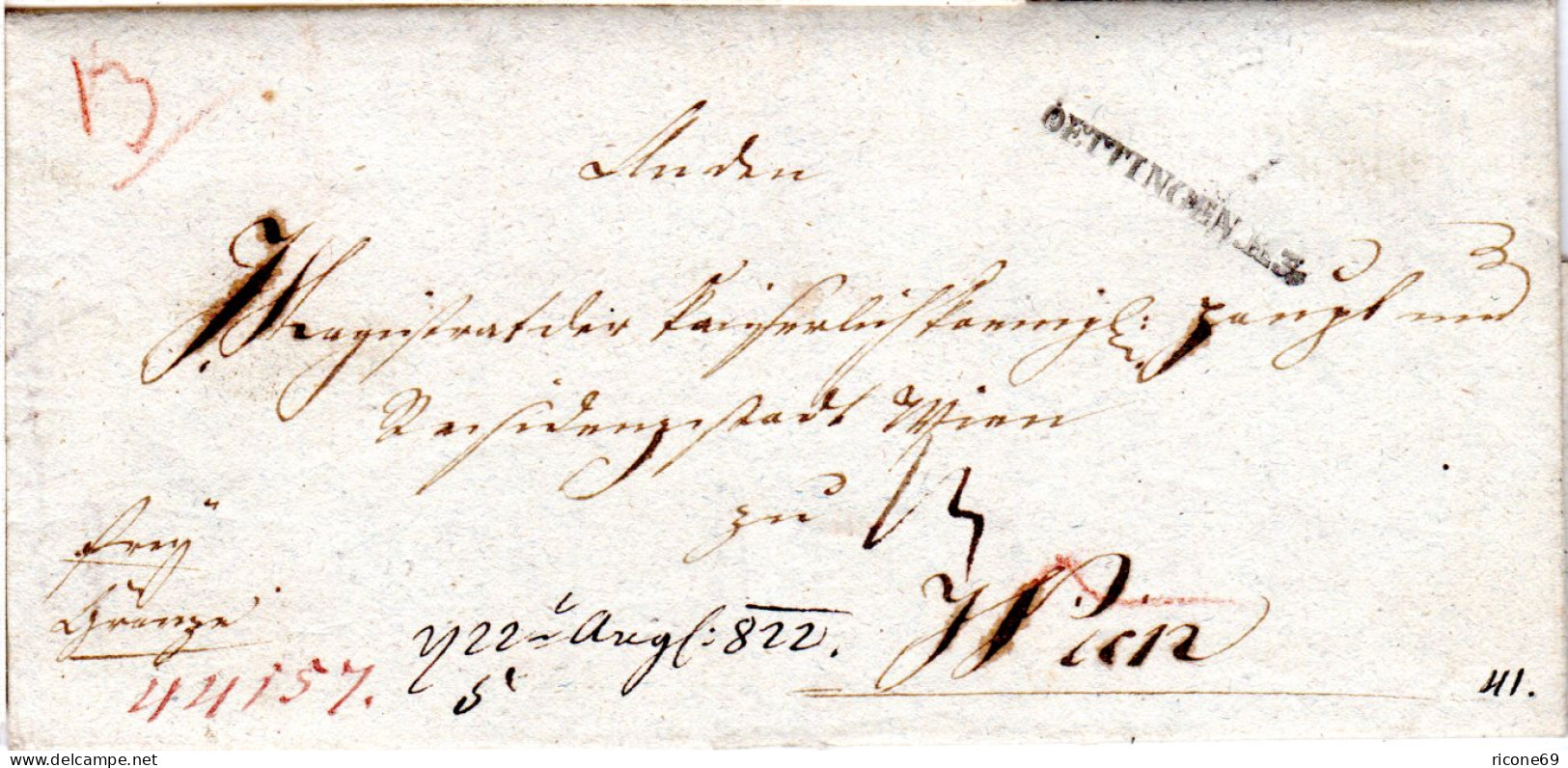 Bayern 1822, L1 OETTINGEN R.3. Auf Brief "frei Grenze" N. Österreich - Prephilately