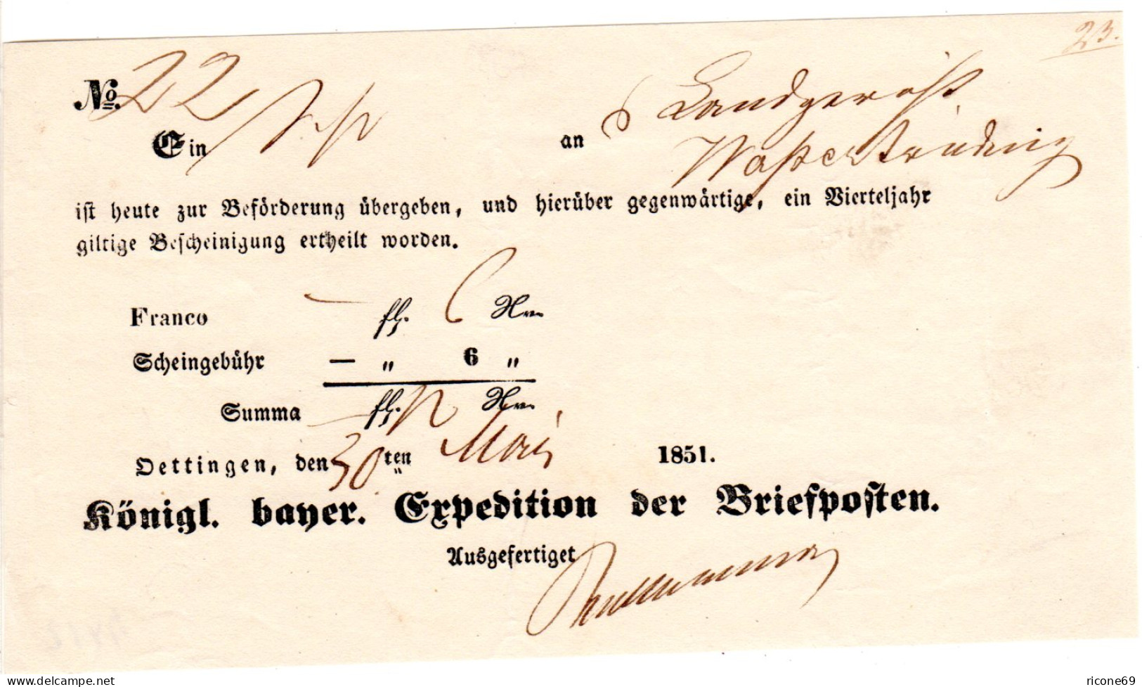 Bayern 1851, Postschein V. Öttingen M. Eingedruckter Scheingebühr 6 Kr. - Prephilately