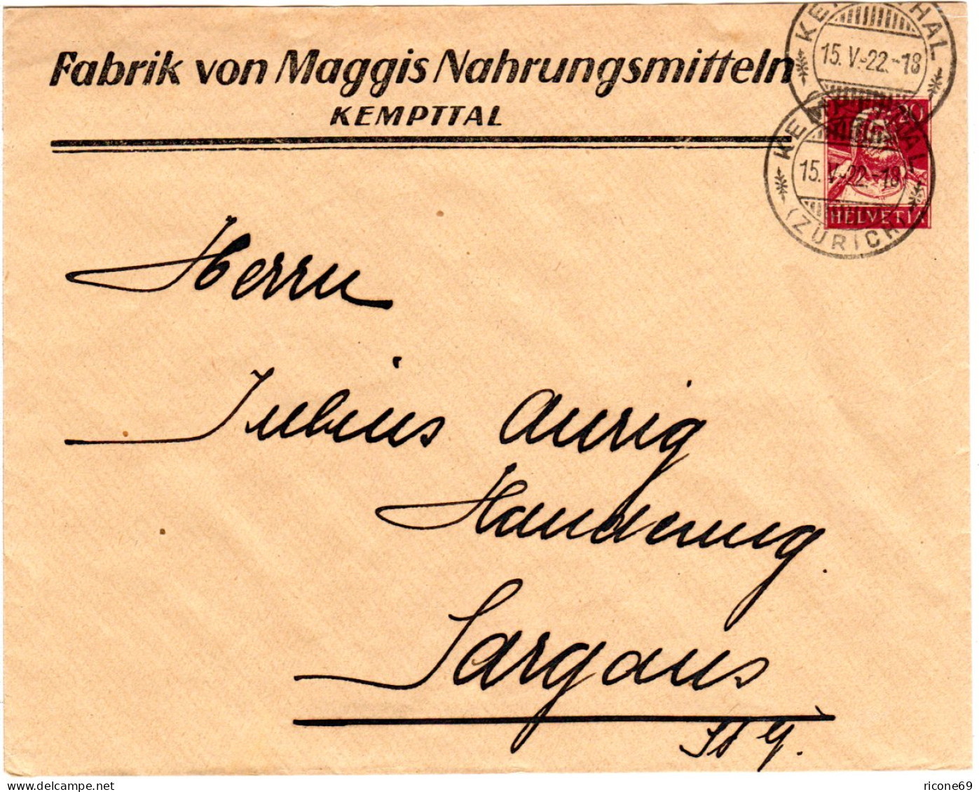 Schweiz 1922, 20 C. Maggi Privat Ganzsache Brief V. Kempttal - Cartas & Documentos