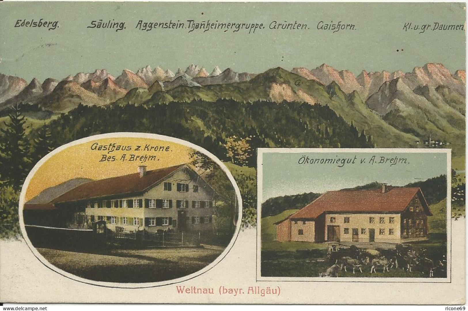 Weitnau, 1920 Gebr. Farb-AK M. Gasthaus Z. Krone U. Ökonomiegut V. A. Brehm  - Andere & Zonder Classificatie