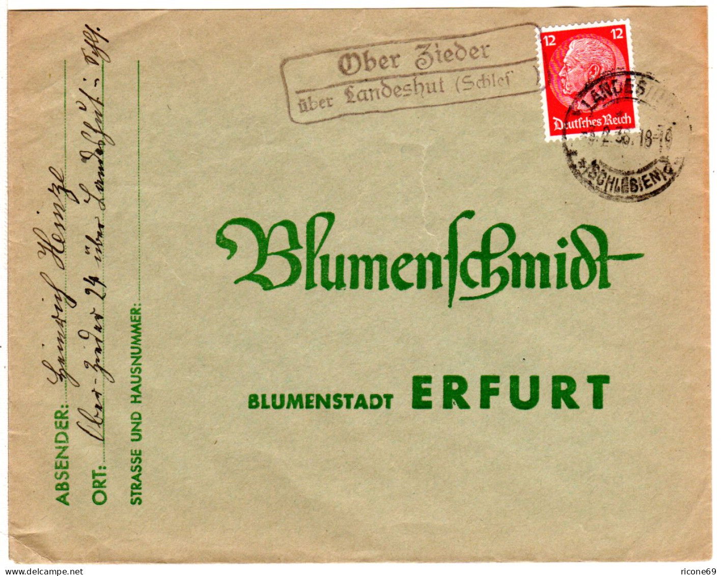 DR 1938, Landpost Stpl. OBER ZIEDER über Landeshut (Schles) Auf Brief M. 12 Pfg. - Cartas & Documentos