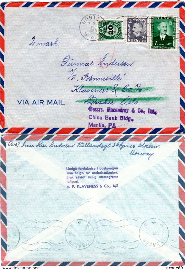 Norwegen 1953, Seemanns Nachsende Luftpost Brief V. Horten N. Philippinen.  - Storia Postale