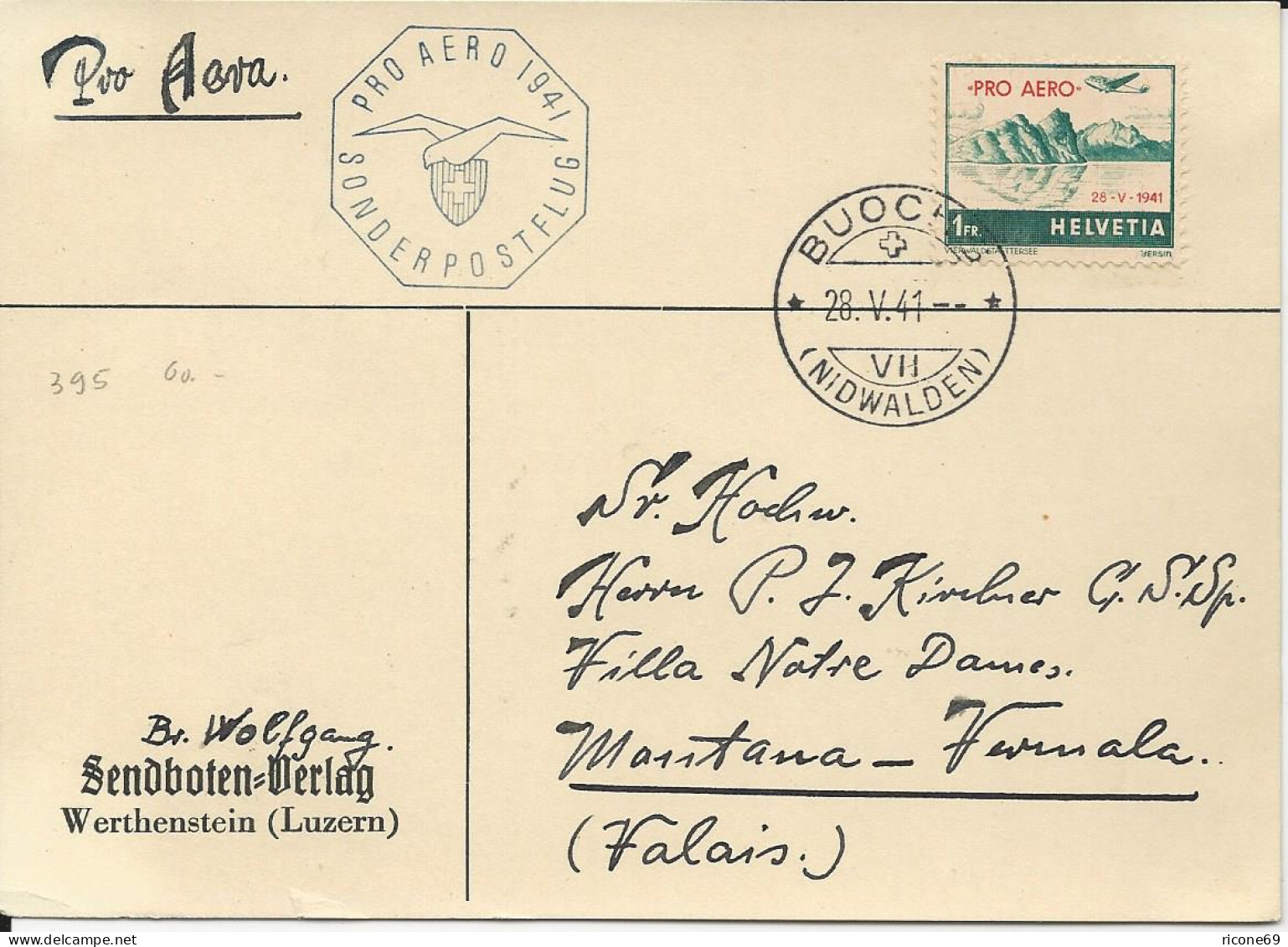 Schweiz 1941, Pro Aereo Sonderflug Brief Buochs - Payerne - Andere & Zonder Classificatie