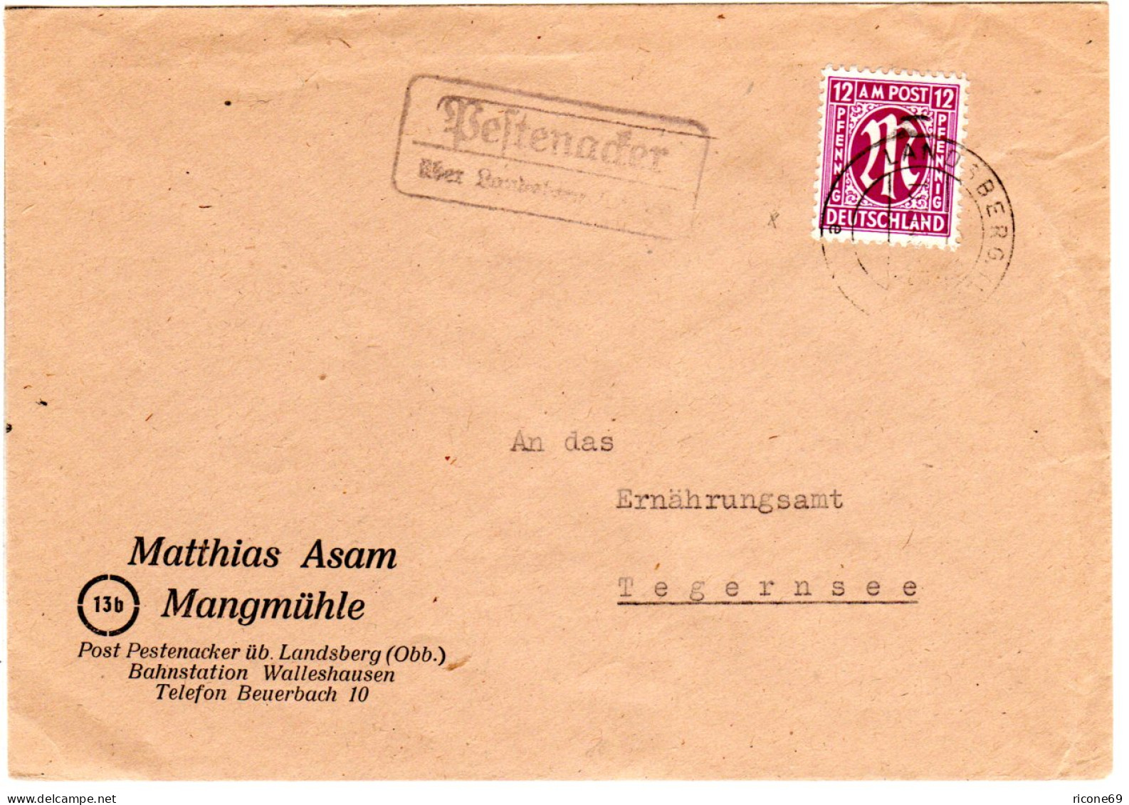 1945, Landpost Stpl. PESTENACKER über Landsberg Auf Brief M. 12 Pf. N.Tegernsee - Cartas & Documentos