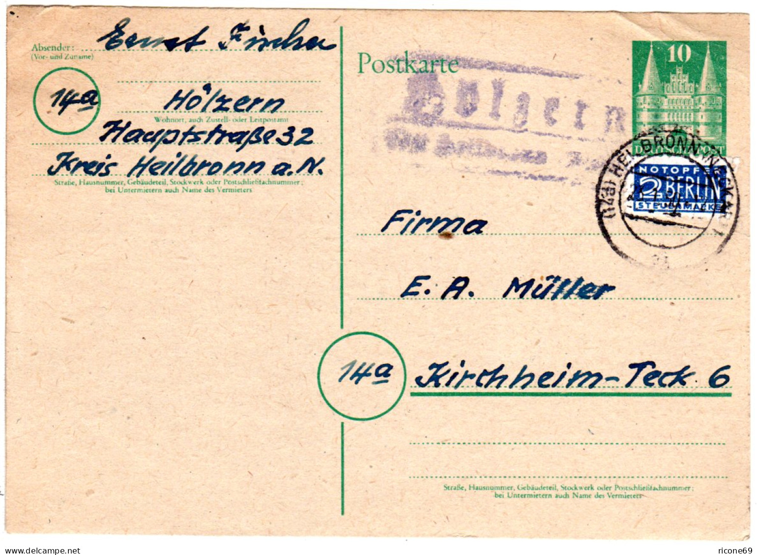 1950, Landpoststempel HÖLZERN über Heibronn Auf 10 Pf. Ganzsache. - Storia Postale