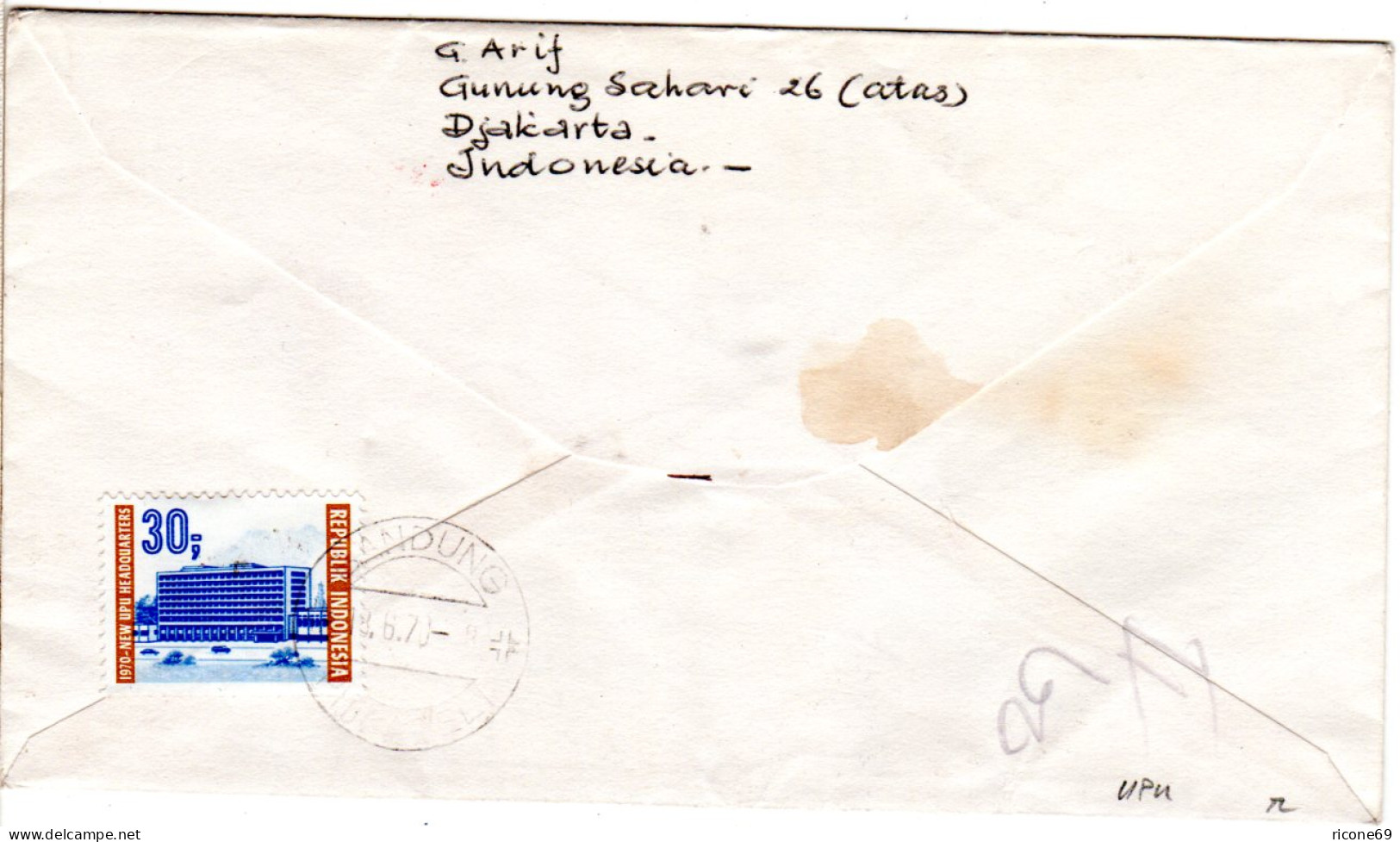 Indonesien 1970, 15+2x30 R. (1x Rücks.) UPU Auf Reko-FDC N. Schweden - Sonstige - Asien