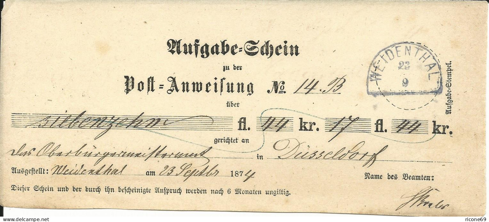 Bayern 1874, Blauer HKS WEIDENTHAL Auf Postschein F. Postanweisung - Briefe U. Dokumente
