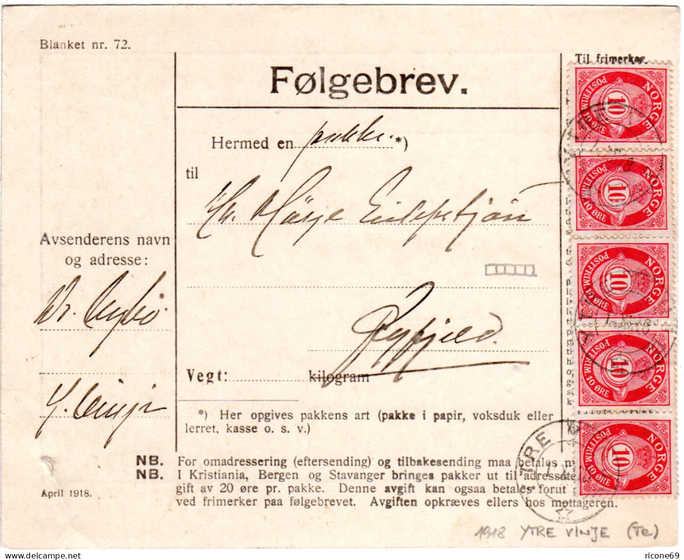Norwegen 1908, MeF 5er-Streifen 10 öre Auf Paketkarte V. YTRE VINJE - Storia Postale
