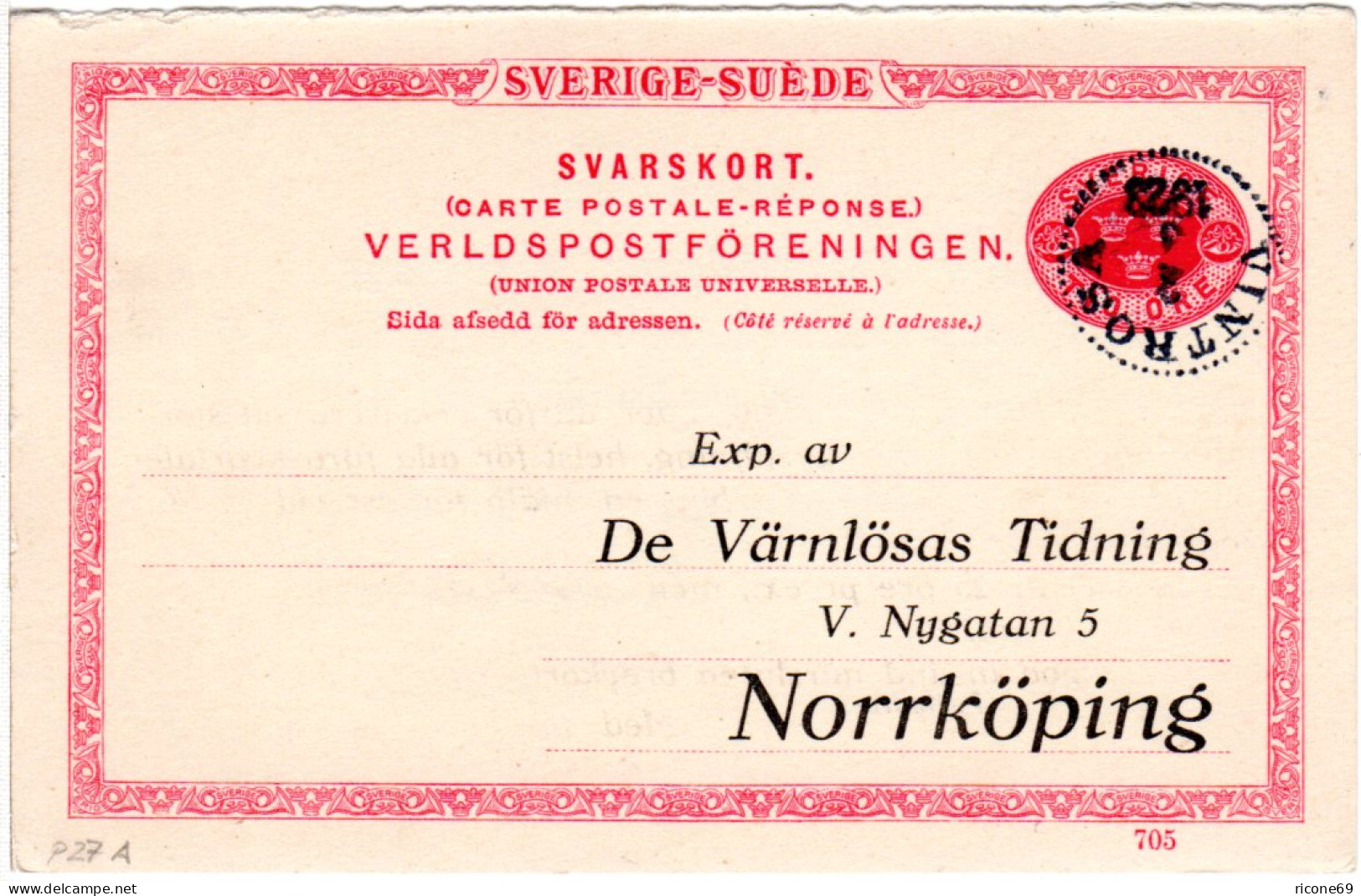 Schweden, Gebr. 10 öre Ganzsache Antwortteil V. VINTROSA - Covers & Documents