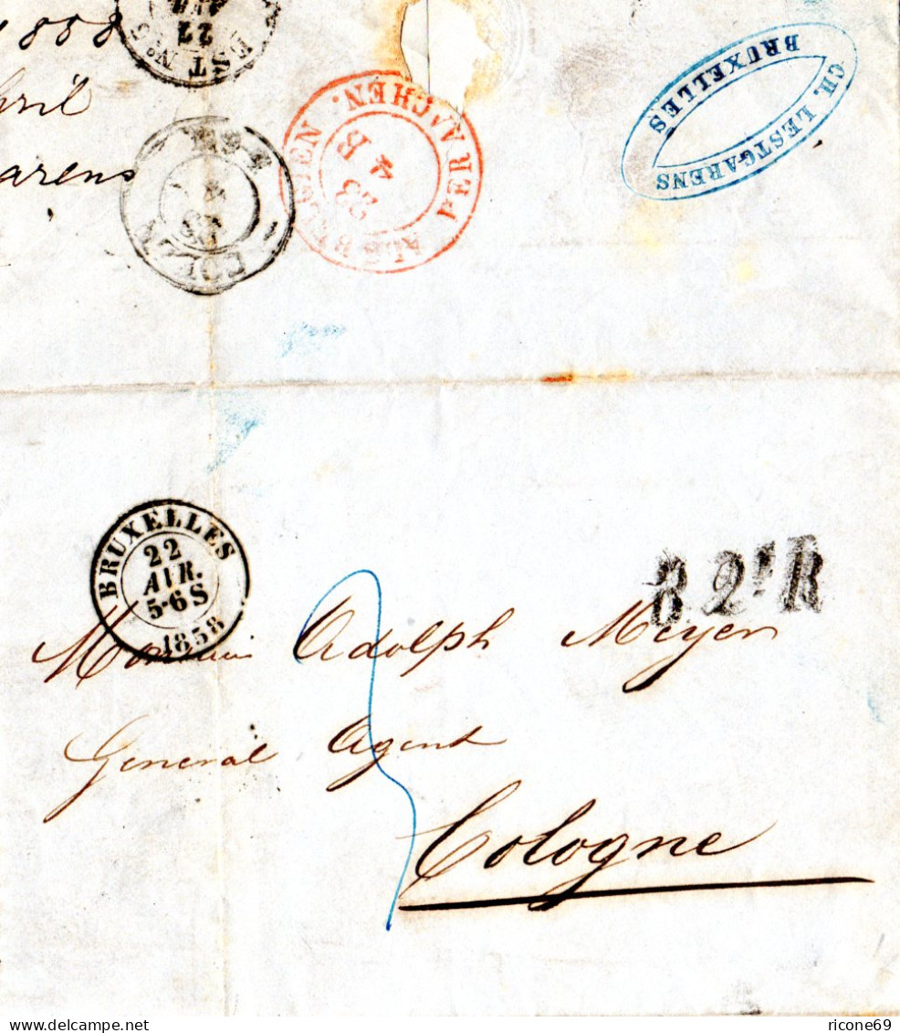 Belgien 1858, Brief V. Bruxelles N. Preussen M. Transit-L1 B.2eR - Altri & Non Classificati