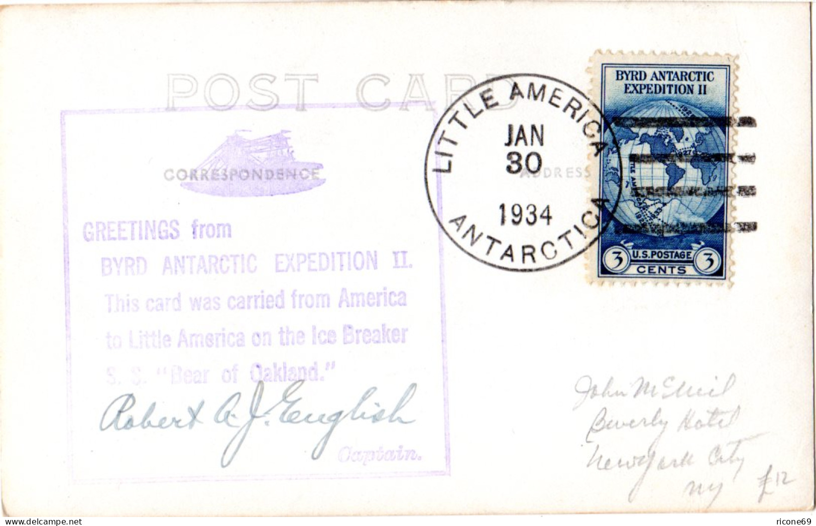 Antarktis 1934, US Byrd Antarctic Expedition Karte M. Unterschrift J. English - Andere & Zonder Classificatie