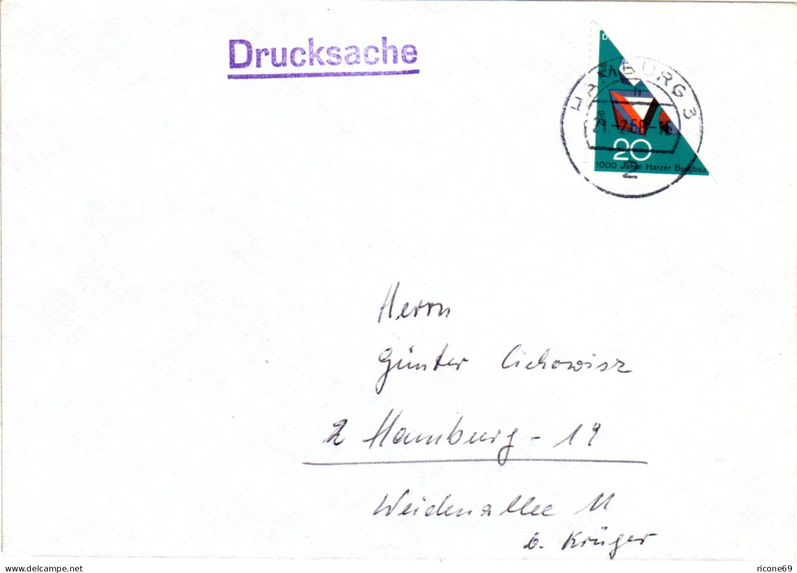 BRD, Diagonalhalbierung 20 Pf. Auf Portorichtigem Drucksache Brief V. Hamburg. - Brieven En Documenten