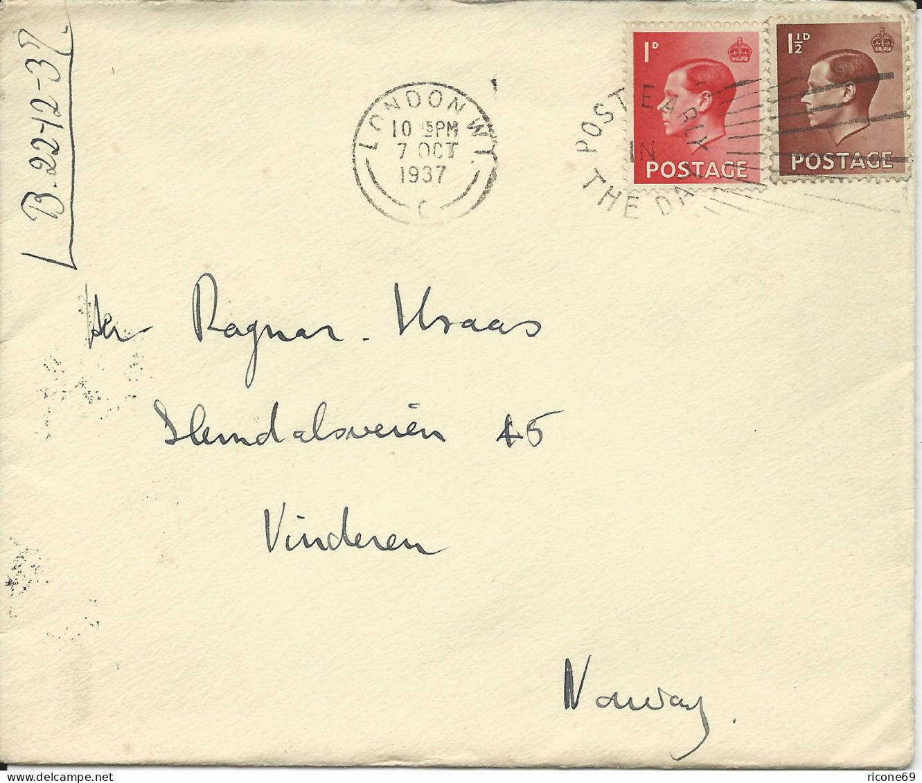 GB 1937, 1+1 1/2d Edward VIII Auf Kl. Brief V. London N.Norwegen.  - Sonstige & Ohne Zuordnung