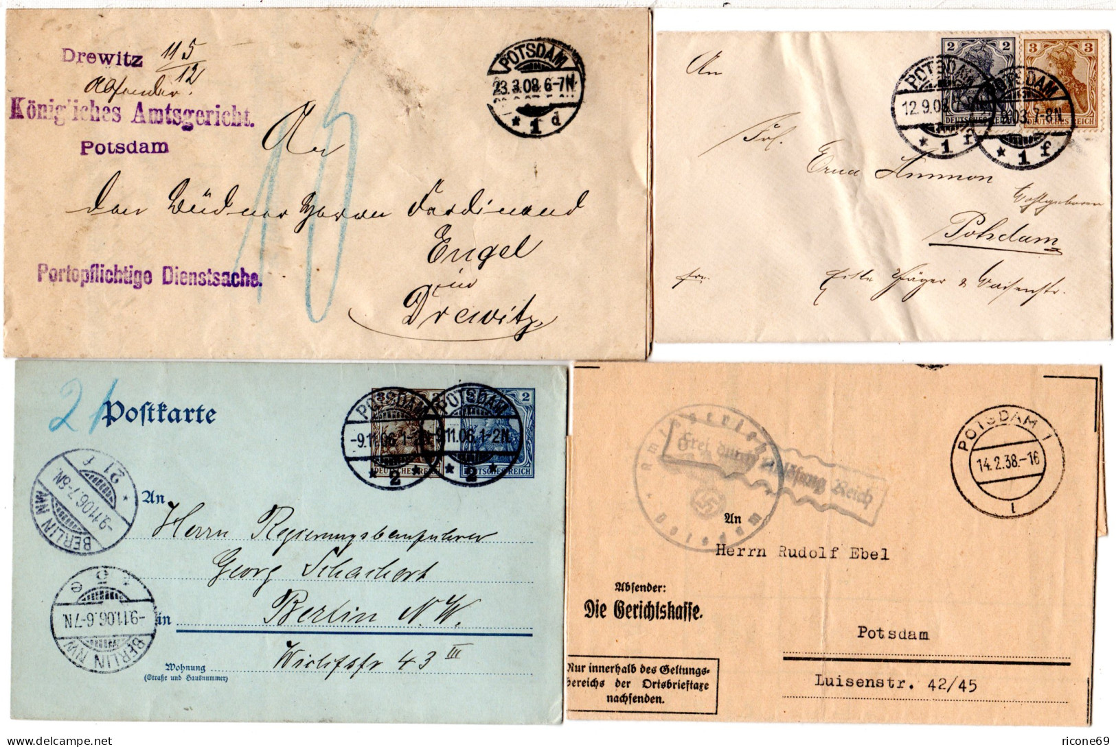 DR 1903/38, 4 Belege V. Potsdam, Dabei Frei Durch Ablösung U. Dienstsache - Covers & Documents