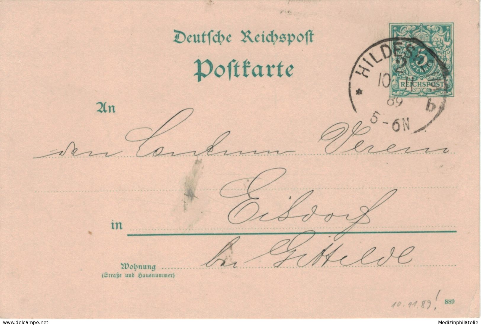 Ganzsache 5 Pfennig Reichspost - Hildesheim 10.11.1889 > Eisdorf Bei Gittelde - Cartoline