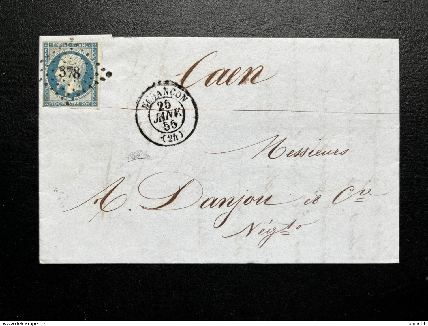 N°14 20c BLEU NAPOLEON SUR LETTRE / BESANCON POUR CAEN / 26 JANV 1855 / LAC - 1849-1876: Période Classique