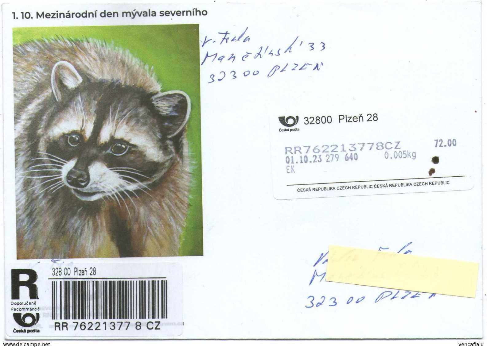 Czech Republic 2023 -  Raccoon  Intenatipnal   Day,  Special Cover, Apost,  Postage Registered - Otros & Sin Clasificación