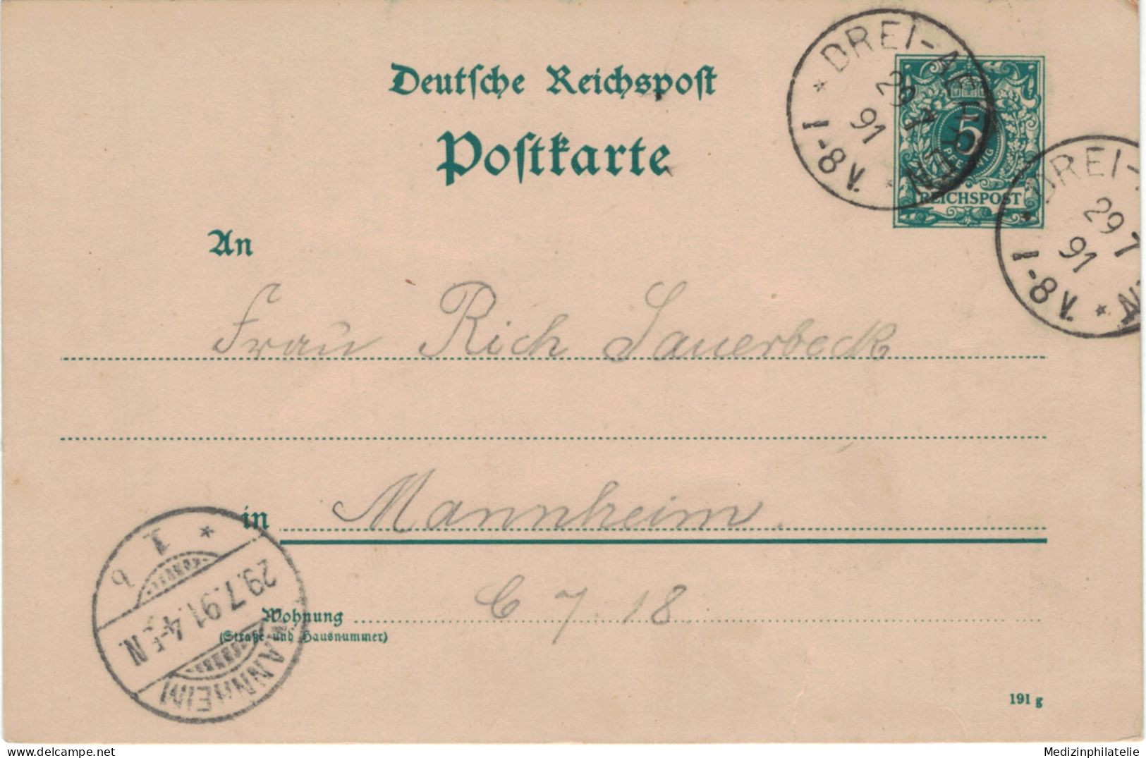 Ganzsache 5 Pfennig Reichspost - Drei-Aehren 1891 > Lauerbeck Mannheim !! Unten Riss !! - Briefkaarten