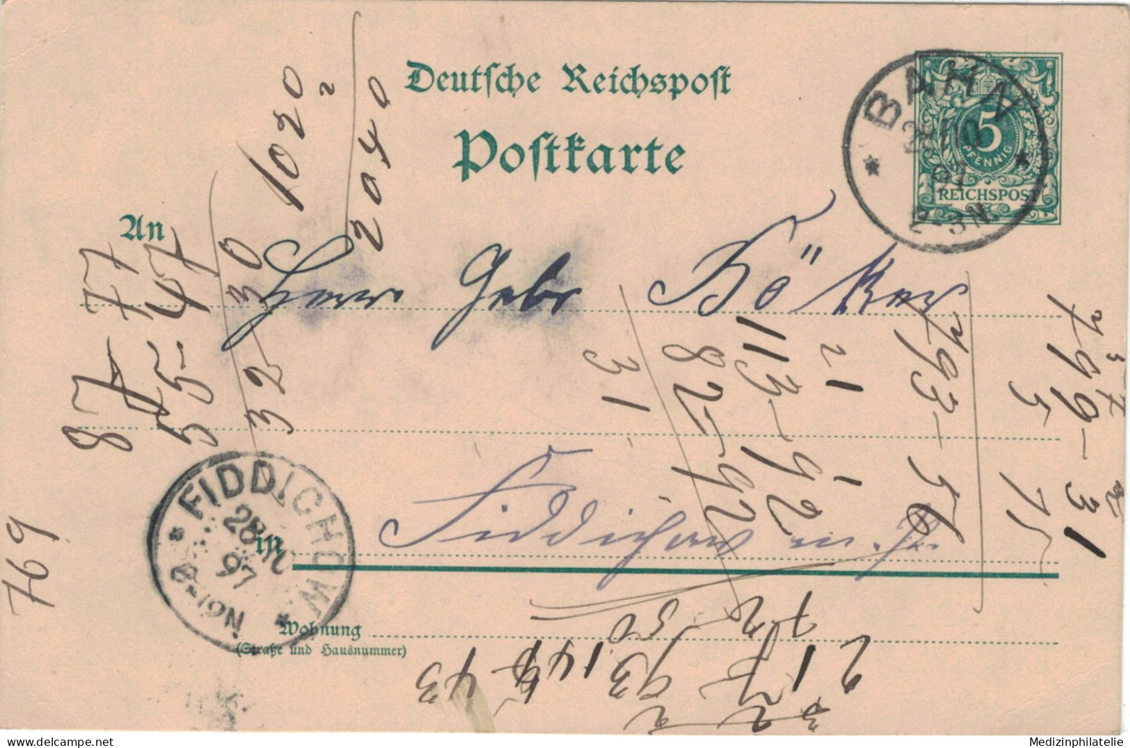 Ganzsache 5 Pfennig Reichspost - Bahn 1897 > Fiddichow - Briefkaarten