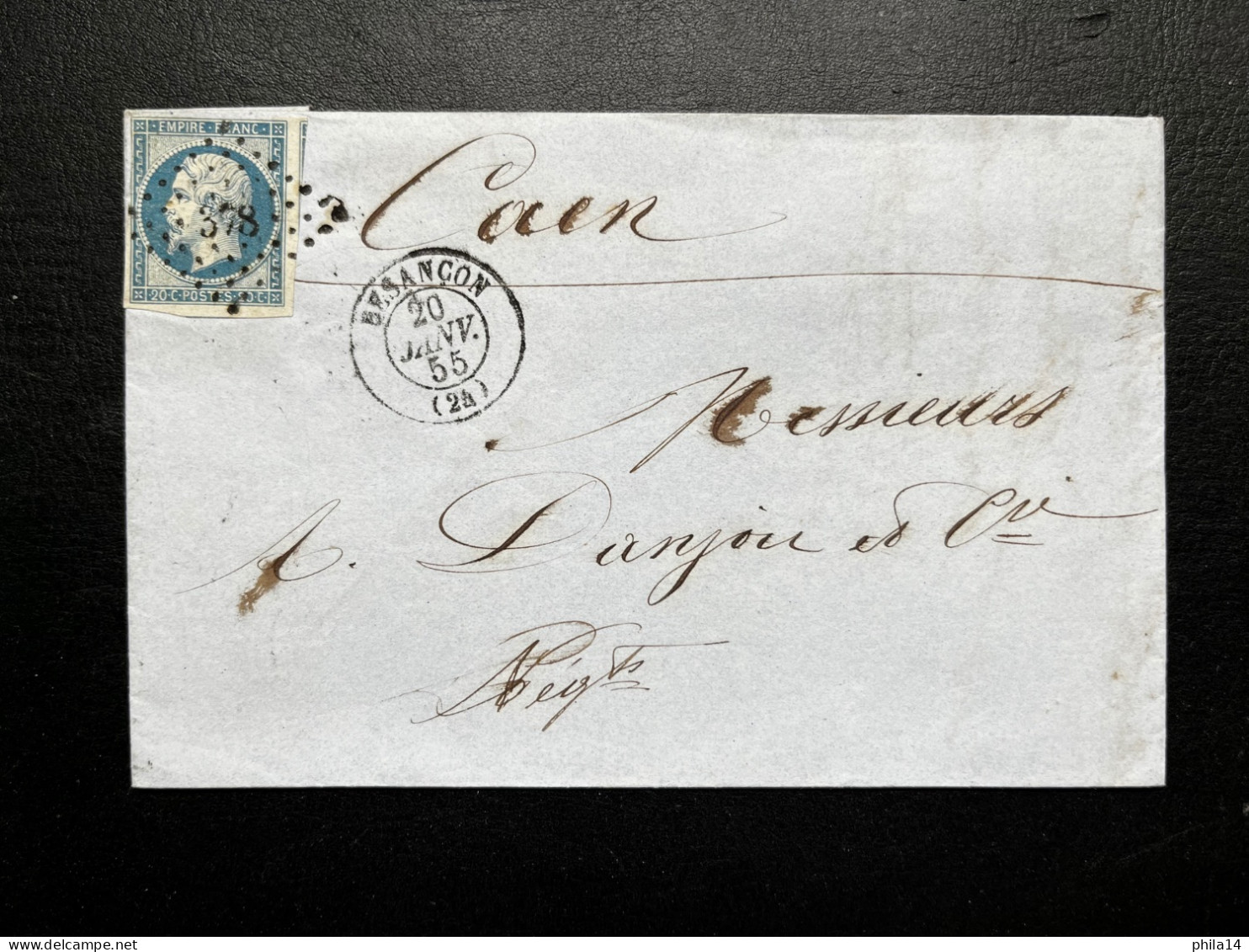 N°14 20c BLEU NAPOLEON SUR LETTRE / BESANCON POUR CAEN / 20 JANV 1855 / LAC - 1849-1876: Klassik