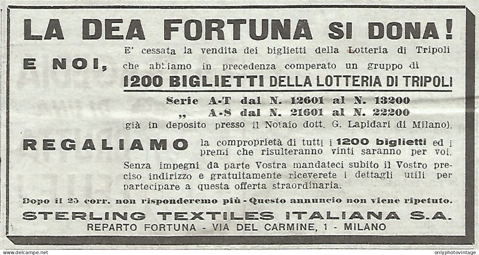 Lotteria Di Tripoli - La Fortuna Si Dona - Pubblicità Del 1934 - Advert - Werbung