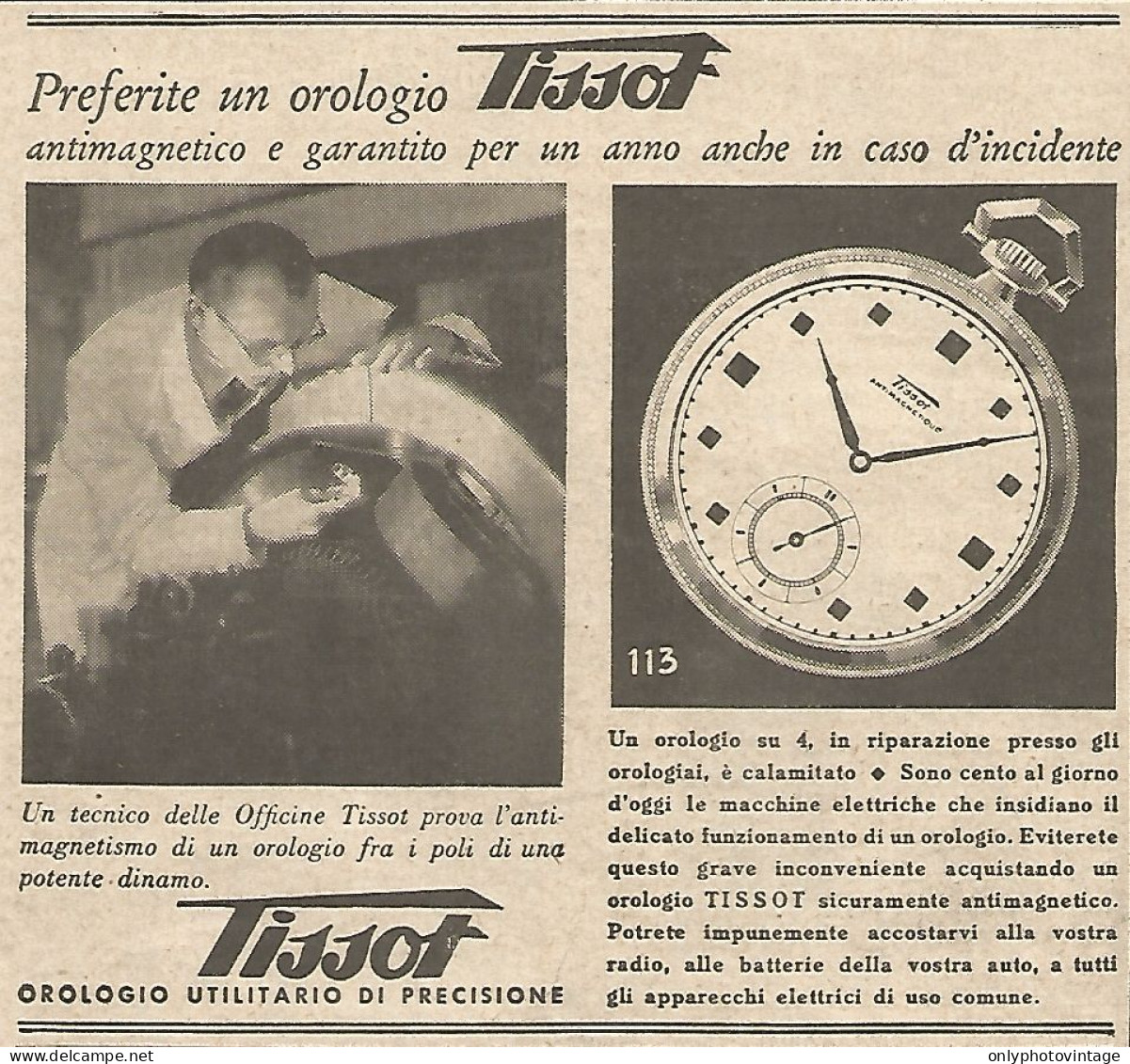 TISSOT Orologio Utilitario Di Precisione - Pubblicità Del 1934 - Advert - Werbung