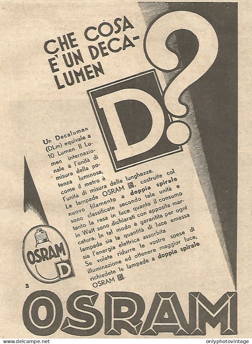 OSRAM - Che Cosa è Un Decalumen ? - Pubblicità Del 1934 - Vintage Advert - Werbung