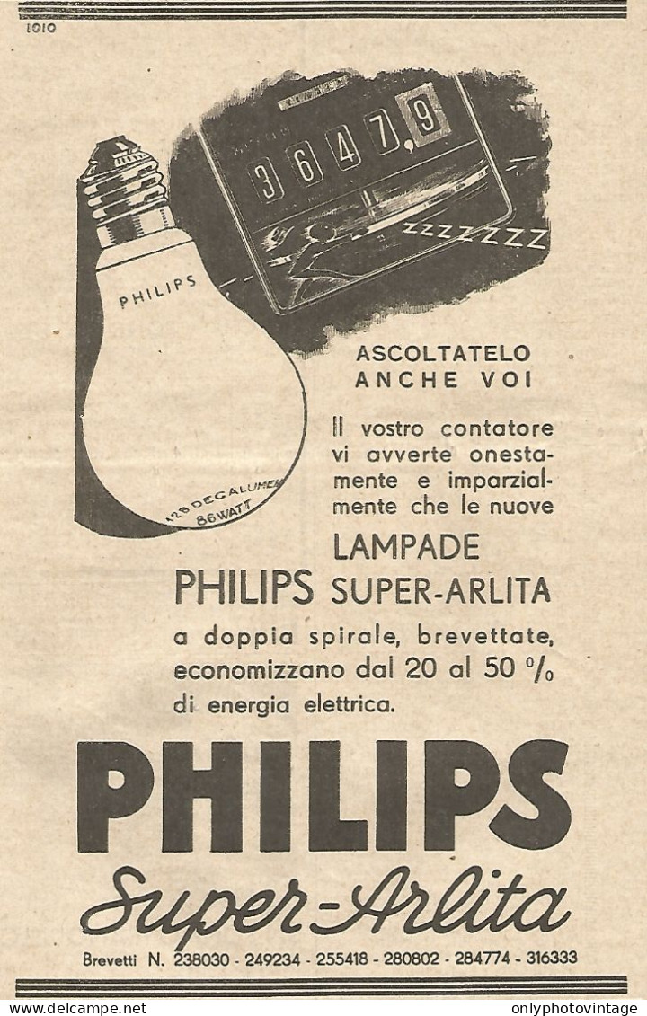 Lampade PHILIPS Super-Arlita - Pubblicità Del 1934 - Vintage Advertising - Werbung