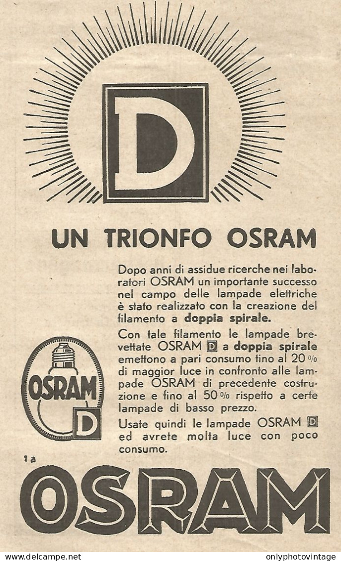 Un Trionfo OSRAM - Pubblicità Del 1934 - Vintage Advertising - Werbung