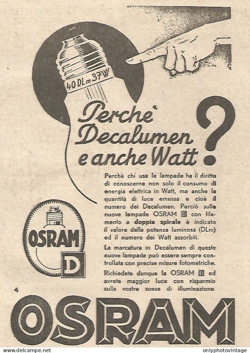 OSRAM - Perchè Decalumen è Anche Watt? - Pubblicità Del 1934 - Vintage Ad - Werbung